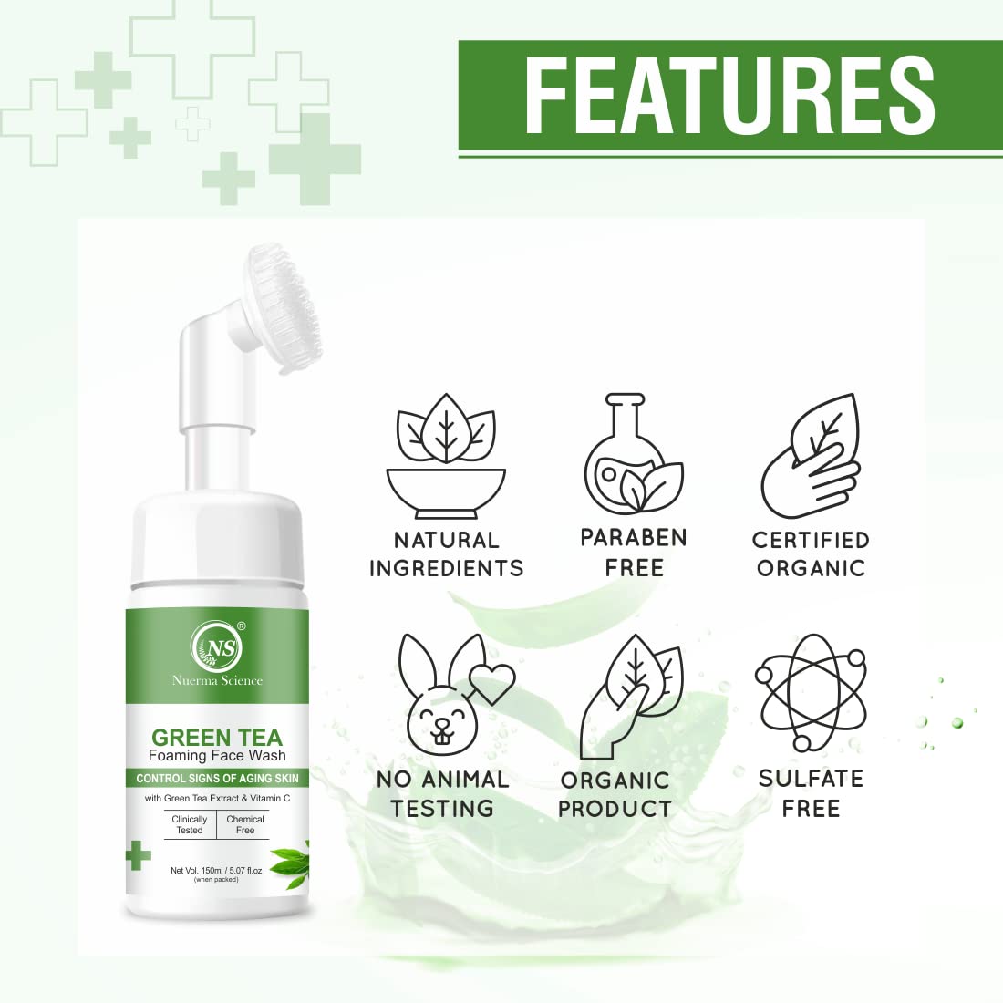 Nuerma Science Green Tea Foaming Face Wash with Vitamin C & Mulethi Extract - Anti-Aging, Hydrating & Brightening Facial Cleanser for Glowing Skin (150ml) | Perfect for Daily Skincare Routine & Removing Impurities