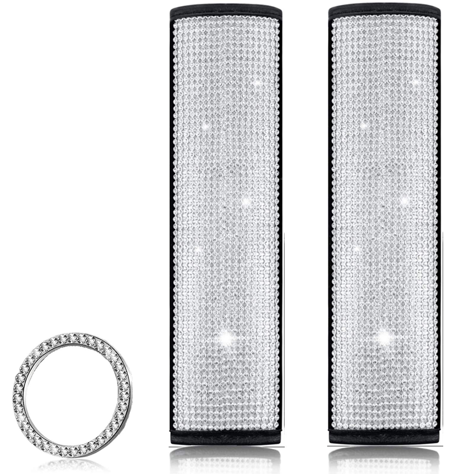 2 Packs Rhinestone Crystal Bling Seat Belt Covers for Women - Glitter Leather Shoulder Pads with Star Button Ring Sticker | Car Accessories for Safety & Style | Perfect for Daily Commute, Road Trips & Gift Giving