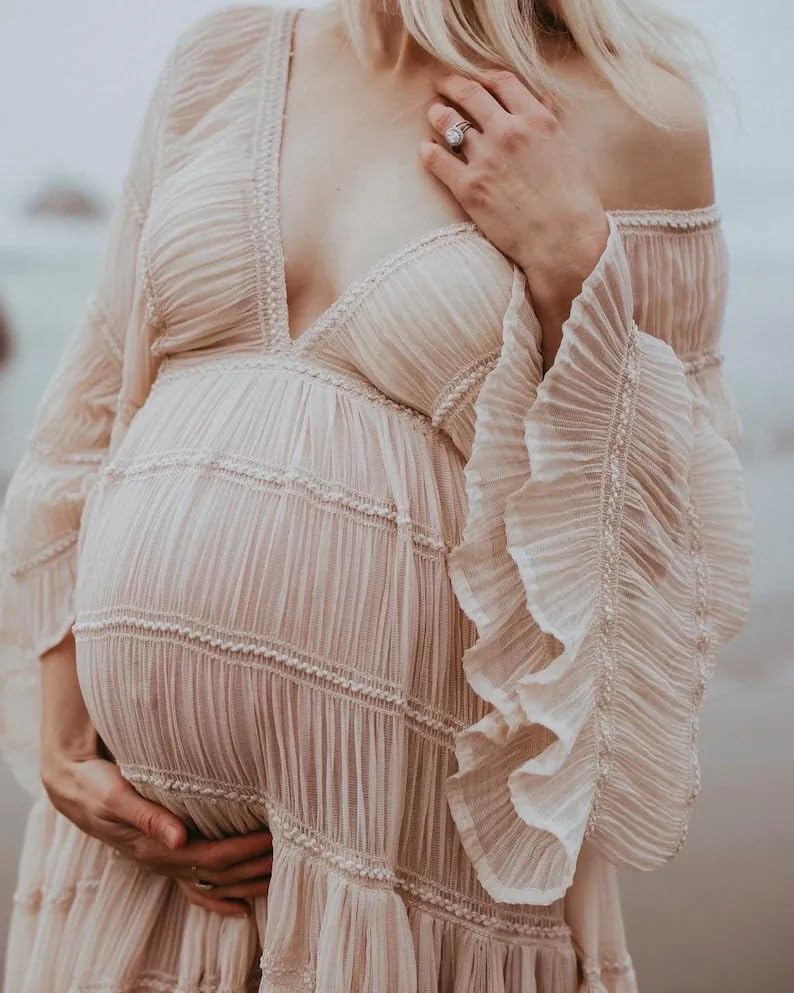 Boho Maternity Dress for Photoshoot - Long Sleeve Tulle Off Shoulder Pregnancy Gown for Baby Shower, Bridal Lingerie & Maternity Photoshoots | Perfect for Pregnancy Announcements, Maternity Portraits and Special Occasions