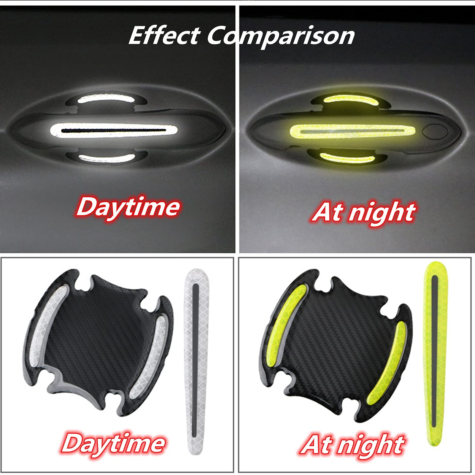 8PCS Carbon Fiber Car Door Handle Protectors - Anti-Scratch Paint Protection Film with Reflective Strips for Enhanced Safety | Durable Exterior Accessories for Cars, SUVs, and Trucks | Perfect for Daily Commuting, Road Trips, and Night Driving