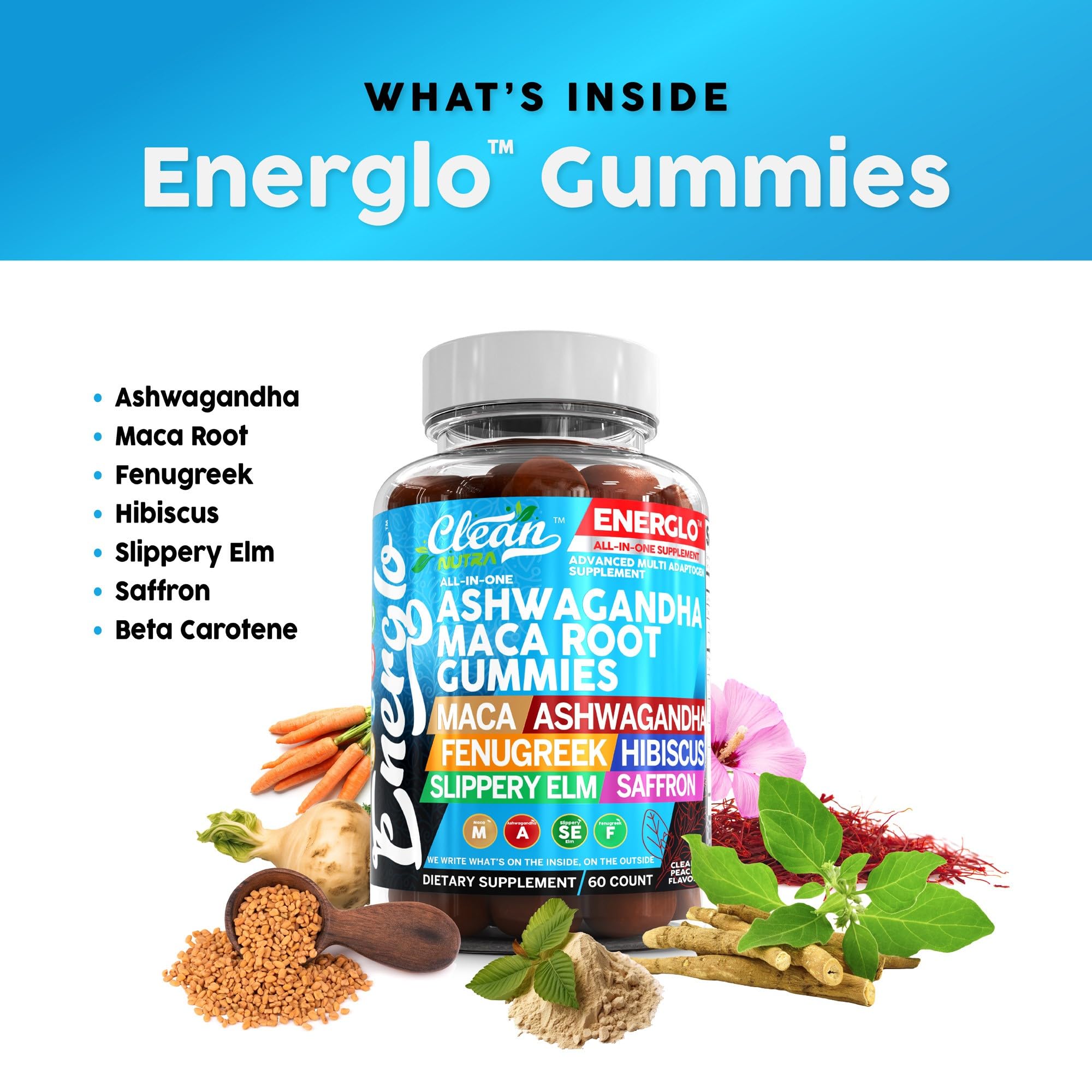 Ashwagandha & Maca Root Gummies with Fenugreek, Hibiscus, Slippery Elm & Saffron Extract | Vegan Adaptogen Supplement for Stress Relief, Energy Boost & Cortisol Support | Peach Flavor Gummy Vitamins with Beta Carotene | Perfect for Daily Wellness, Workout Recovery & Mental Focus by Clean Nutra