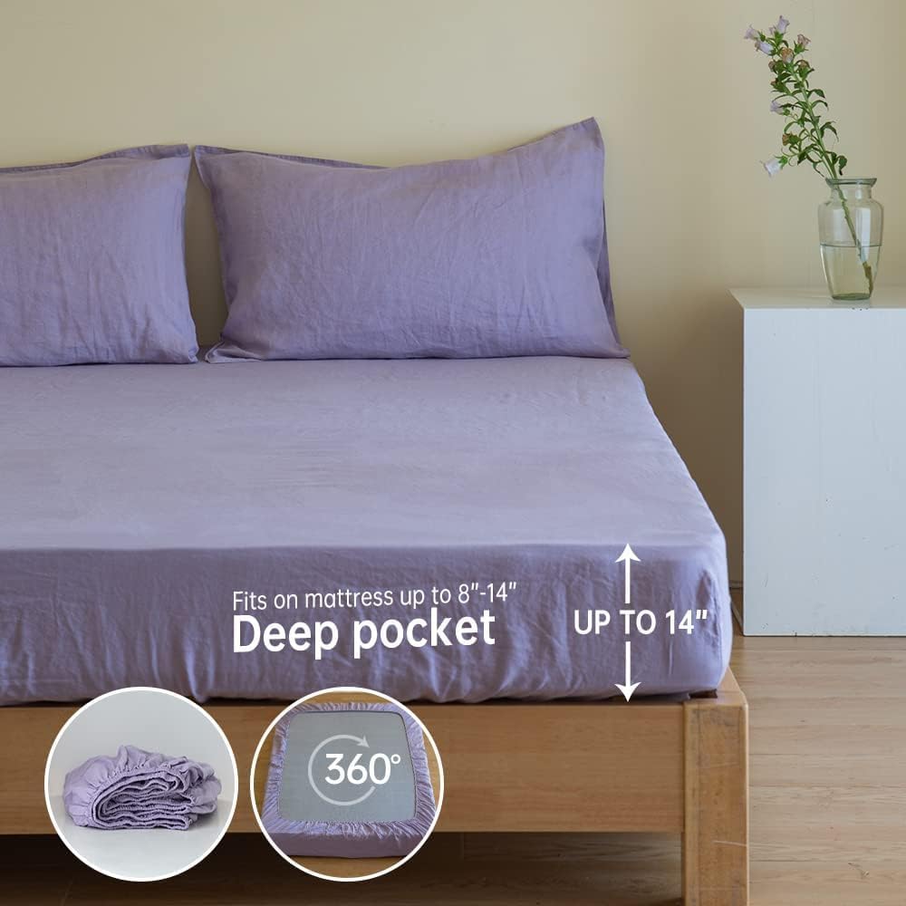 Premium 100% French Linen Sheet Set King Size 4-Piece - Natural Breathable Soft Durable All-Season Bedding - Luxury Lilac Bed Sheets for Master Bedroom & Guest Room Comfort