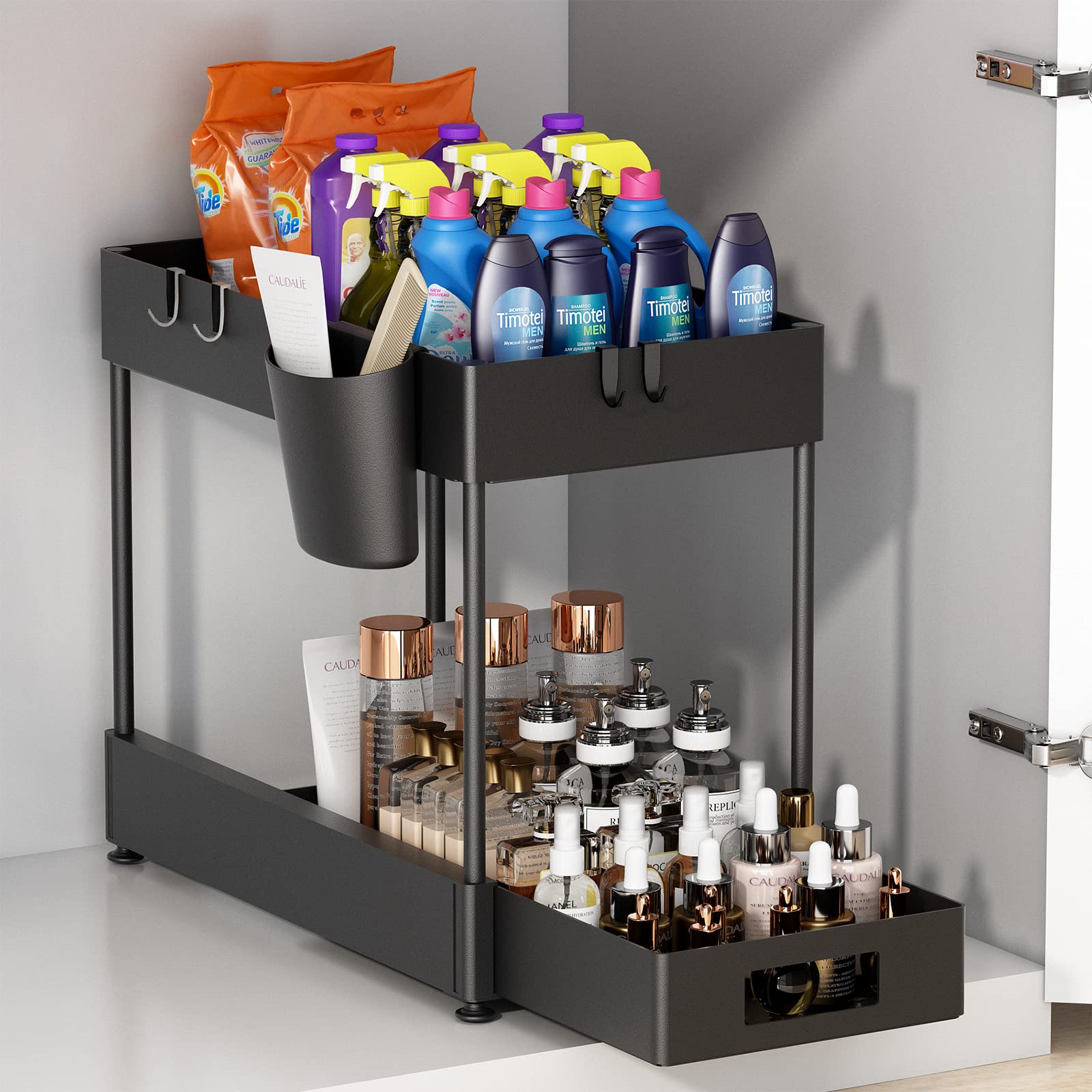 2-Tier Pull-Out Under Sink Organizer - Space Saving Bathroom & Kitchen Cabinet Storage Rack for Cleaning Supplies, Cosmetics & Utensils - Durable Black Under Counter Organizer (Perfect for Small Spaces & Clutter-Free Homes)