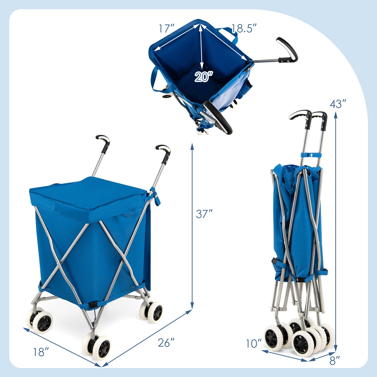 Goplus Foldable Shopping Cart with Wheels - Lightweight Grocery Utility Cart with Removable Oxford Cloth Liner for Supermarket, Laundry & Home Use (Blue)