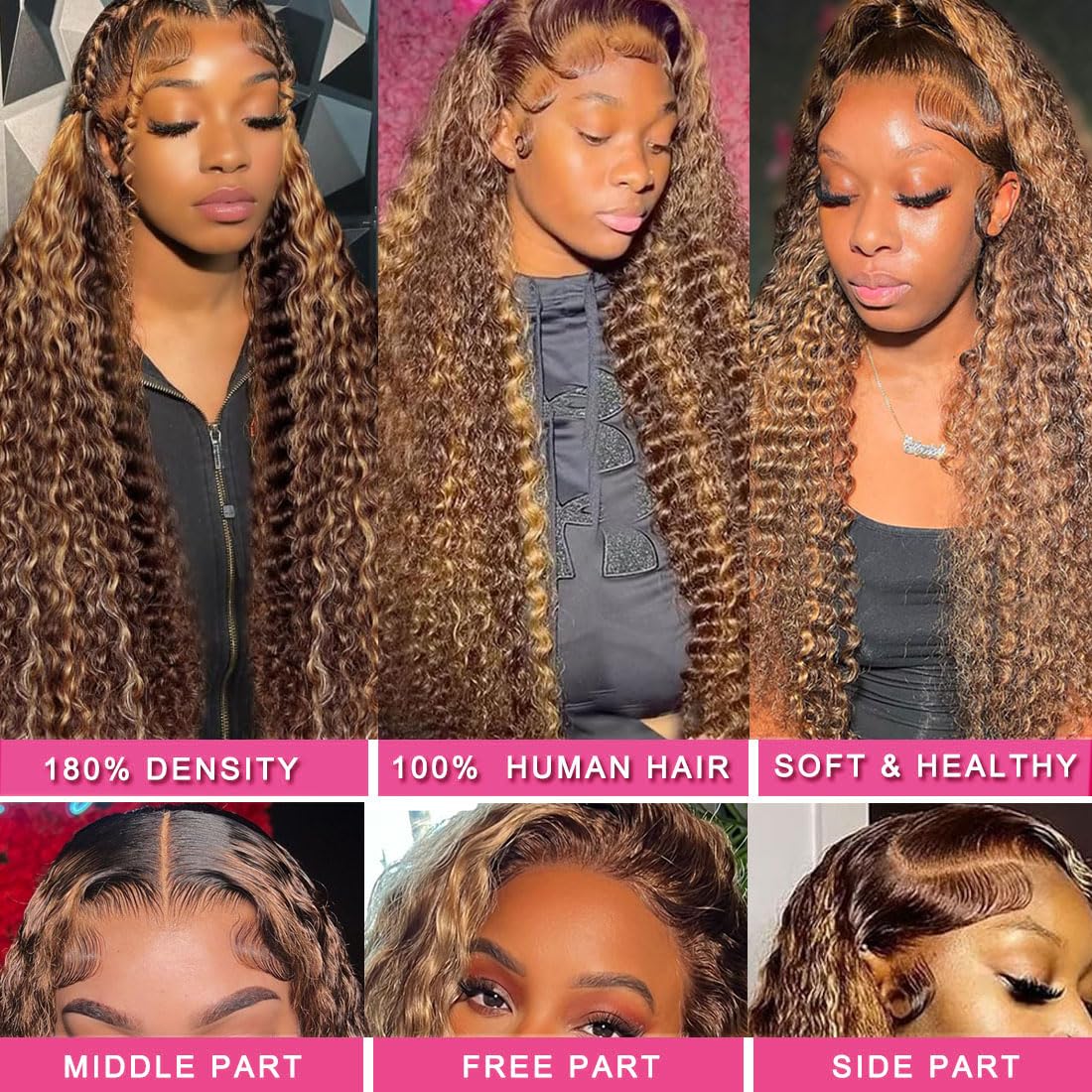 13x6 HD Transparent Lace Front Wig - 180% Density Human Hair Deep Wave Ombre (4/27) - Glueless Curly Lace Wig with Baby Hair for Black Women - 26 Inch Length - Perfect for Daily Wear, Special Occasions & Protective Styling