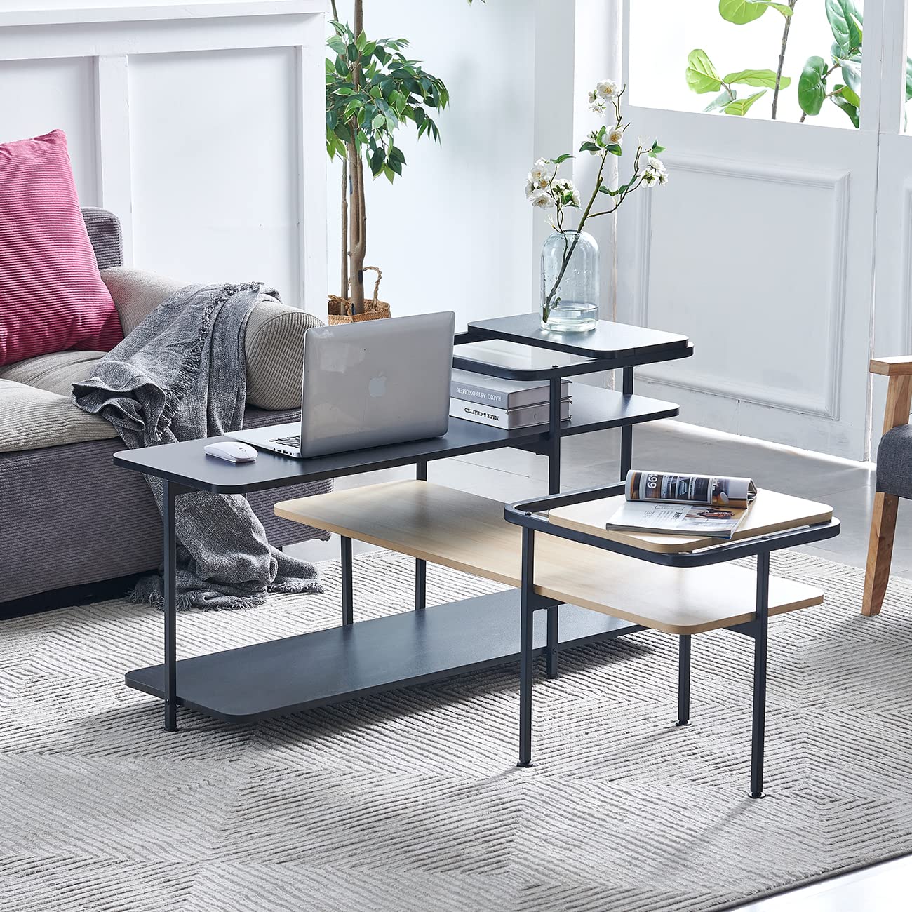 Nozama Nesting Coffee Tables Set of 2 - Modern End Side Sofa Console Tables for Living Room, Home Office - Black and Wood Accent Furniture - Perfect for Small Spaces & Stylish Decor