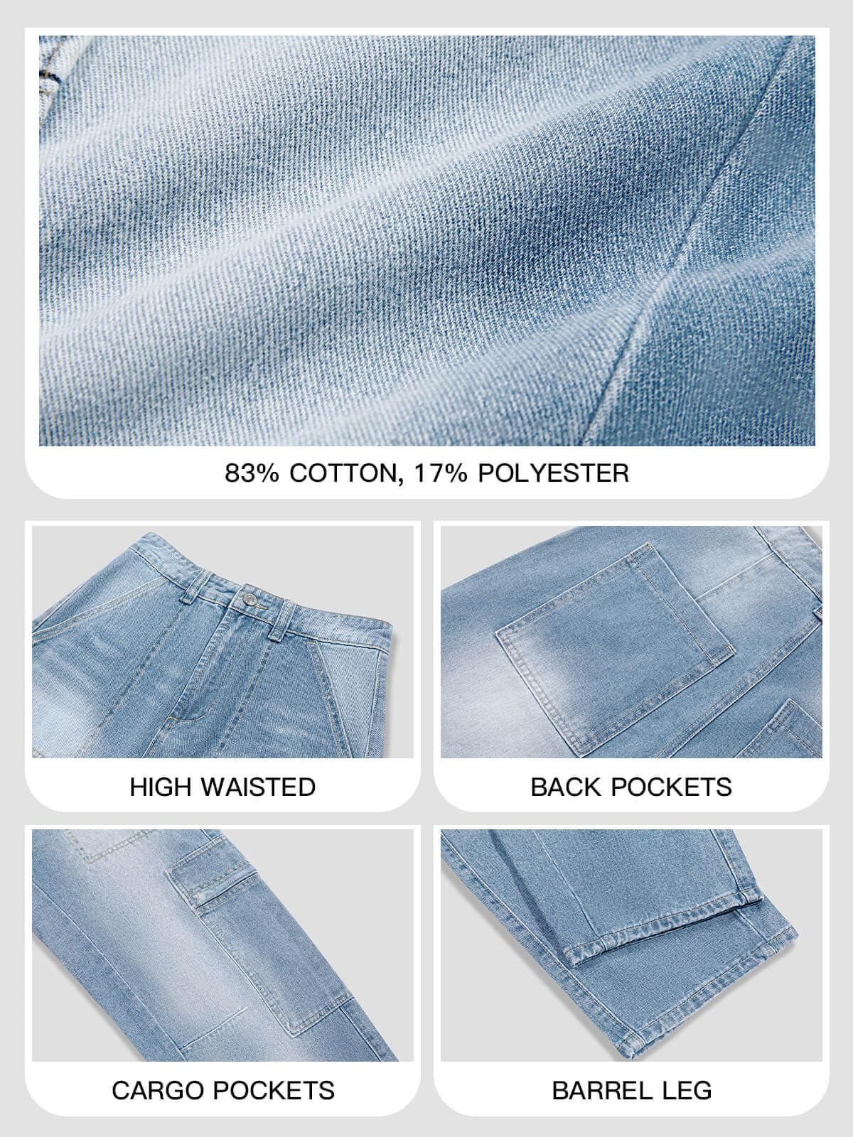 PLNOTME Women's High Waisted Cargo Barrel Jeans - Boyfriend Baggy Denim Pants with 6 Pockets for Casual Wear, Street Style & Outdoor Activities