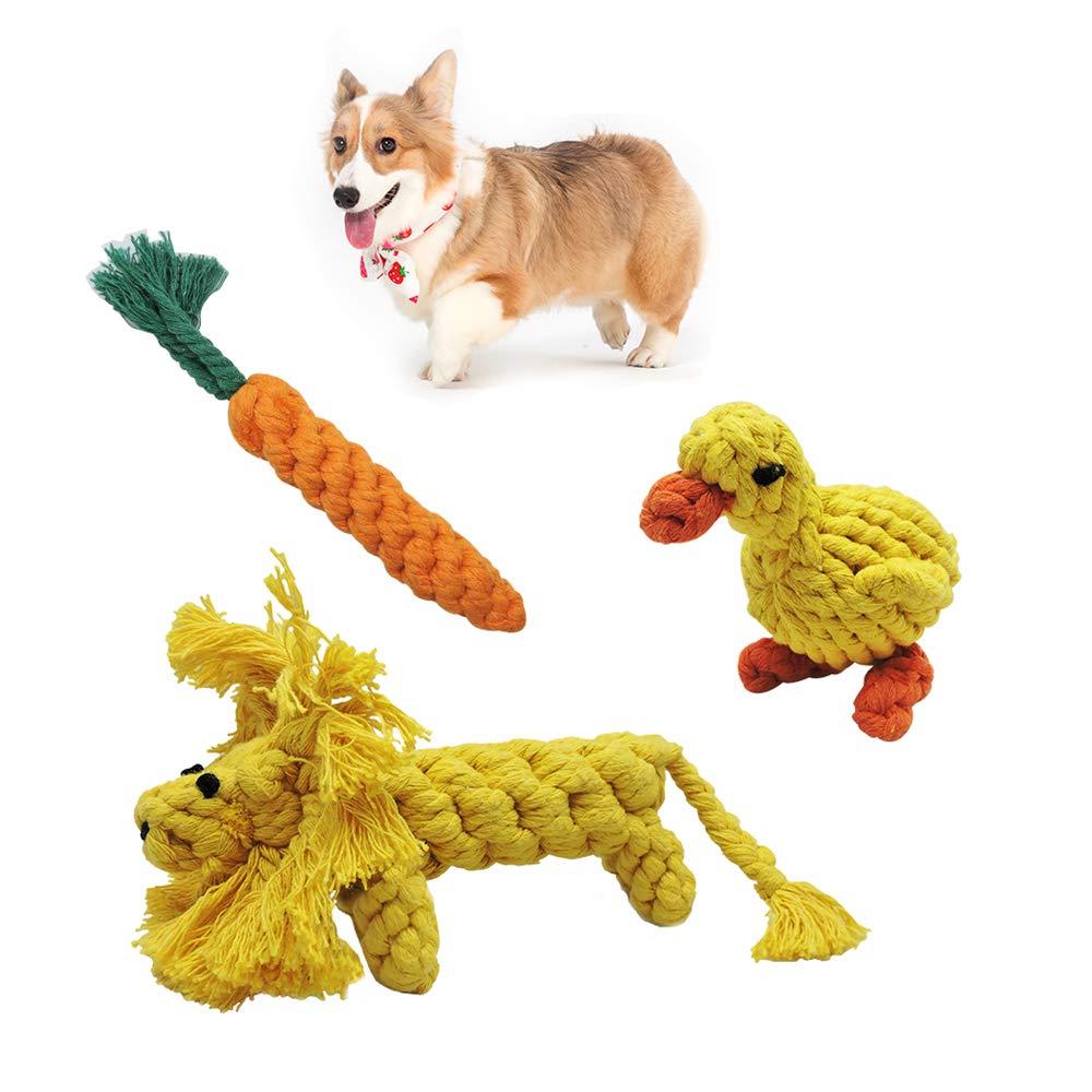 Andiker 3-Pack Durable Dog Chew Toys - Cotton Rope Puppy Teething, Teeth Cleaning & Training Toys for Small Medium Dogs (Lion, Carrot, Duck) - Interactive Plush Chew Toys for Boredom Relief & Playtime Fun