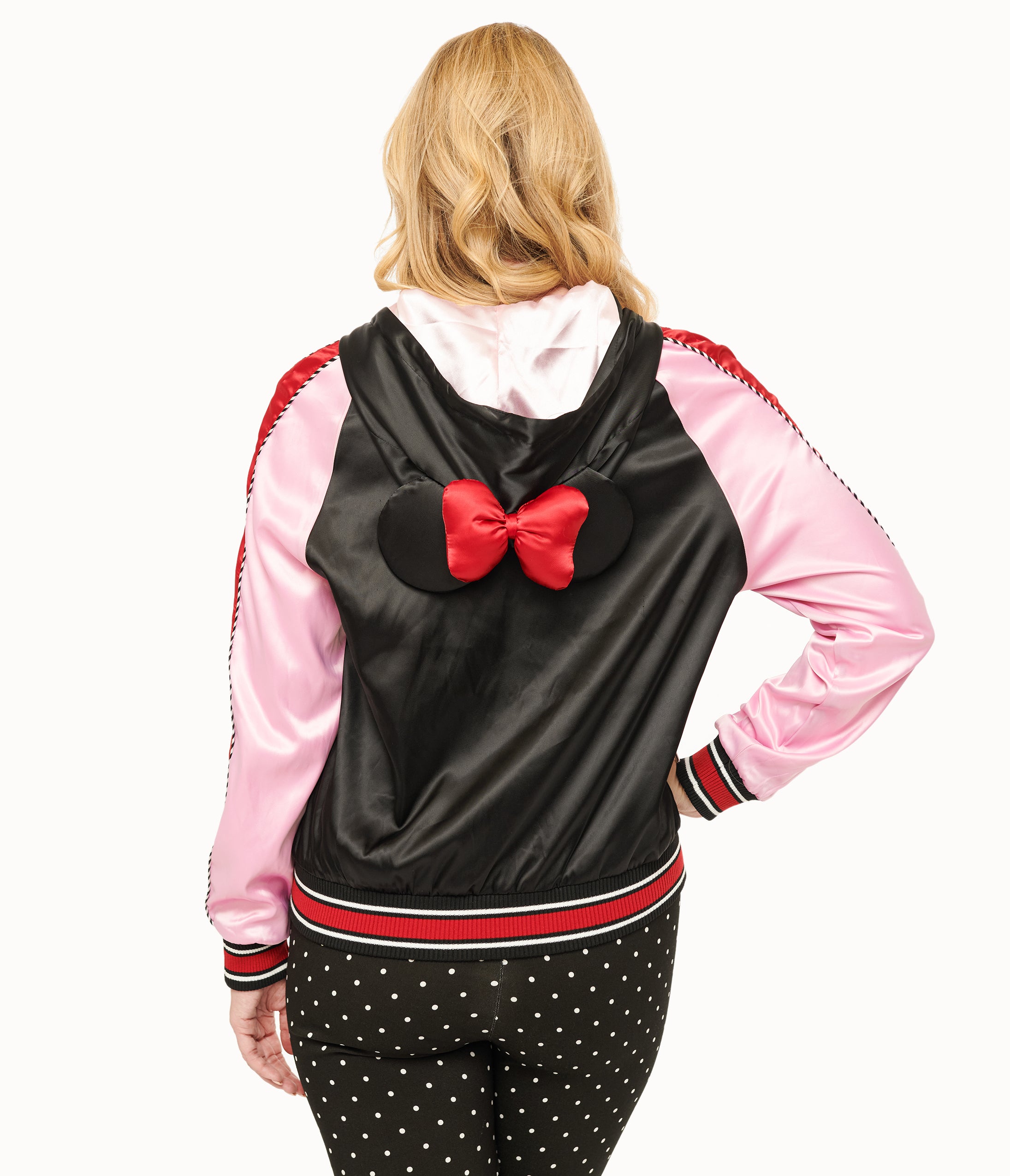 Disney Mickey & Friends Minnie Mouse Hooded Satin Bomber Jacket for Women - Vintage Inspired Fashion Outerwear for Cosplay, Disney Trips & Casual Wear