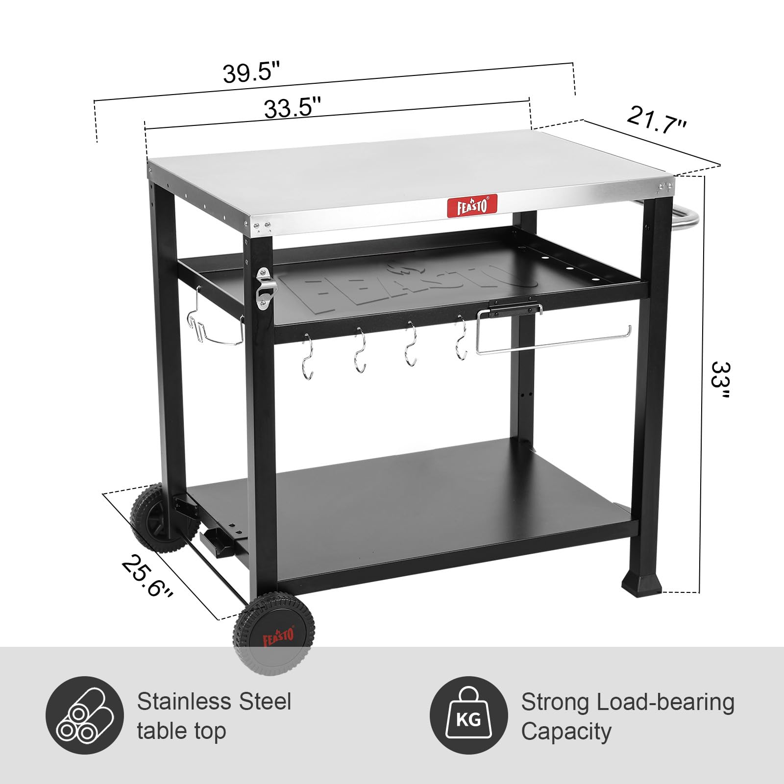 3-Shelf Outdoor Grill Table with Wheels - Portable Pizza Oven Stand for Ooni & Blackstone Griddle (33.5”x21.7”) - Heavy Duty Movable BBQ Cart for Indoor & Outdoor Cooking - Perfect for Backyard, Patio, Camping and Tailgating Parties