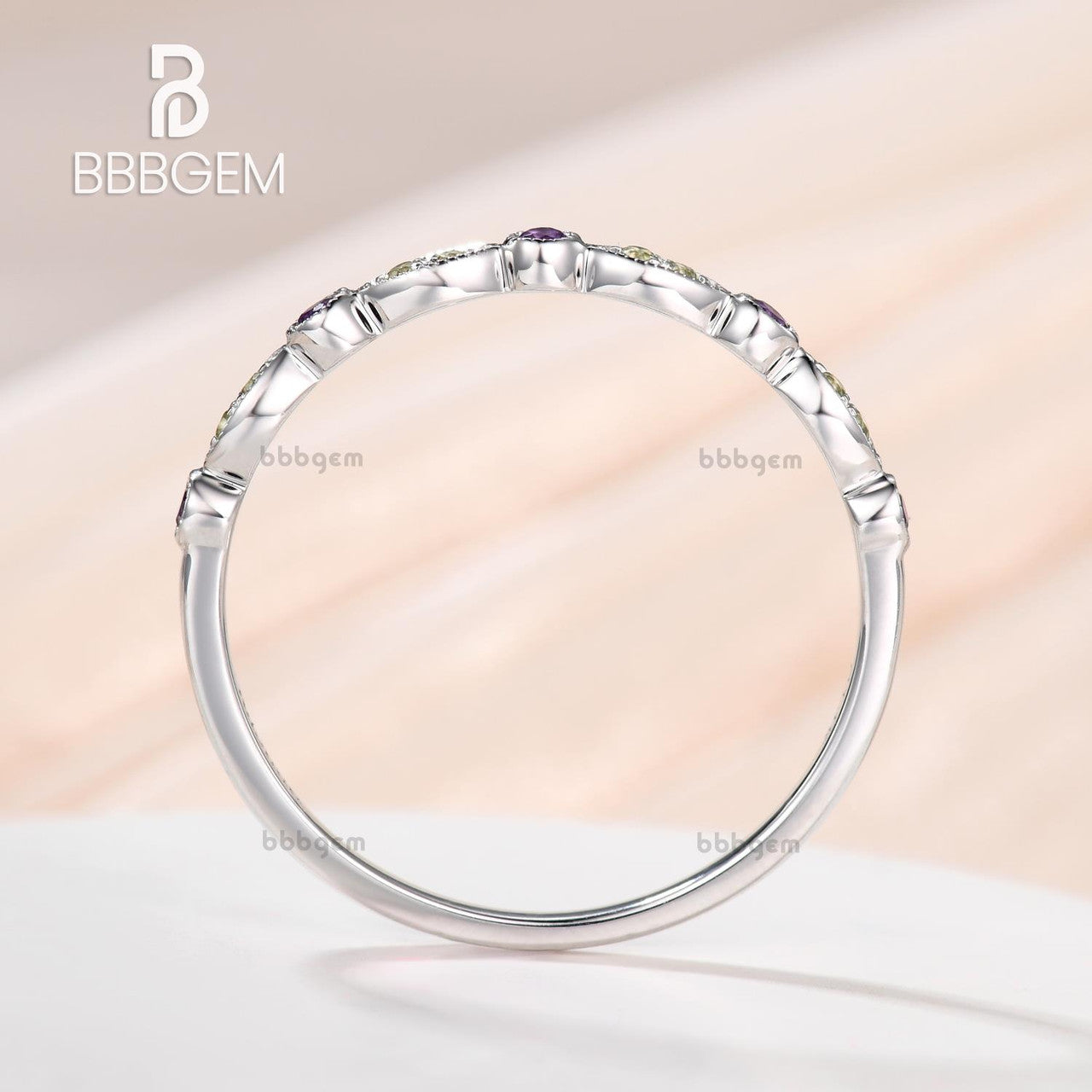 Marquise and Dot Amethyst Peridot Wedding Ring - Platinum Half Eternity Band for February & August Birthstones - Perfect for Anniversary, Engagement, and Bridal Jewelry Gifts