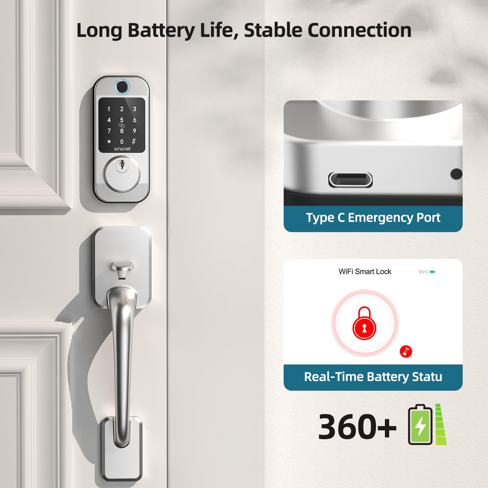 SMONET Smart WiFi Door Lock - Keyless Entry Deadbolt with Fingerprint, Keypad, Alexa & Bluetooth App Control - Satin Nickel Finish for Home Security & Smart Access    Perfect for modern homes, apartments, and vacation rentals - secure keyless entry with remote access via smartphone, voice control with Alexa, and biometric fingerprint recognition for ultimate convenience.