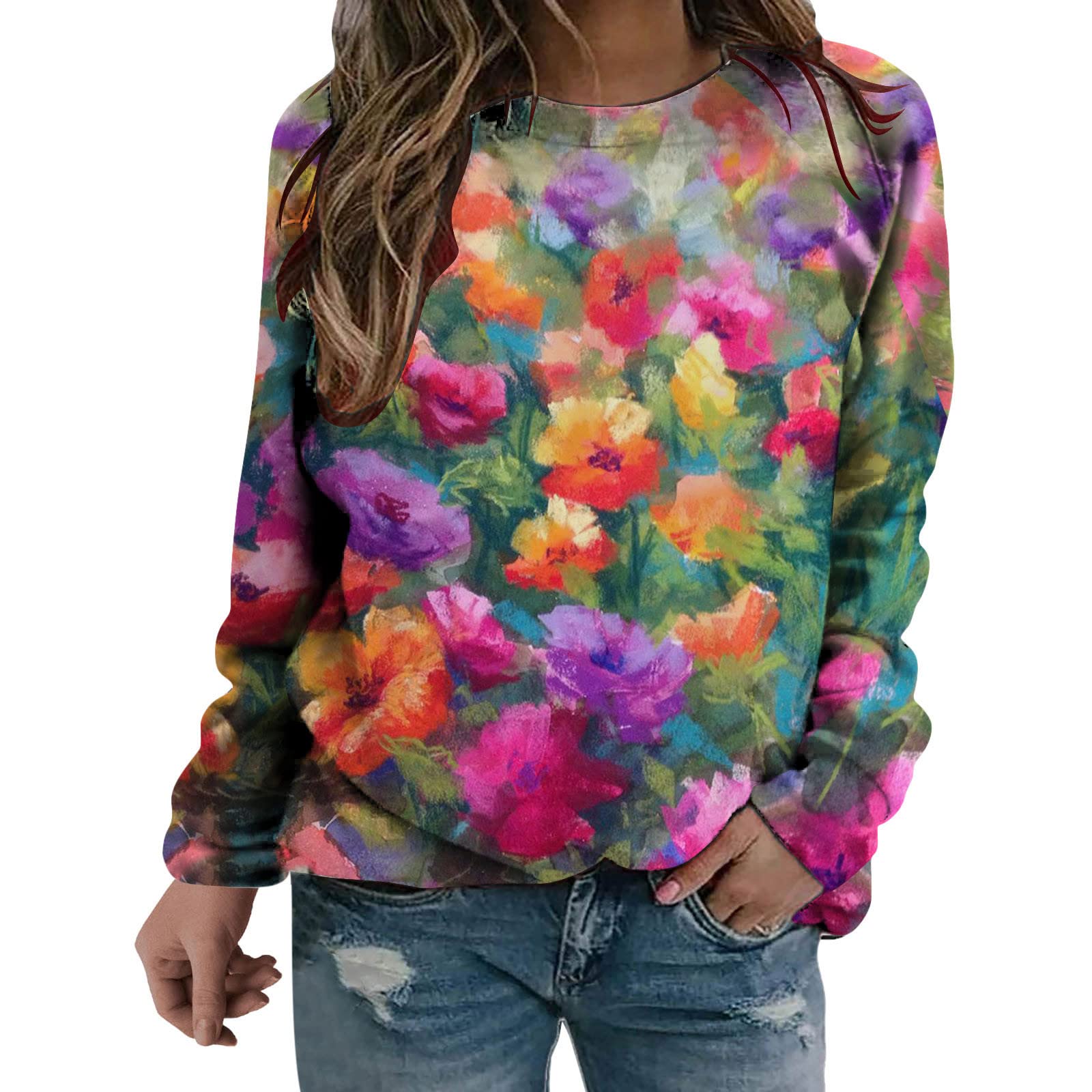 Women's Fall Tops - Colorful Floral Print Crewneck Sweatshirt | Long Sleeve Casual Pullover Shirt | Perfect for Autumn Outings, Coffee Dates & Weekend Errands