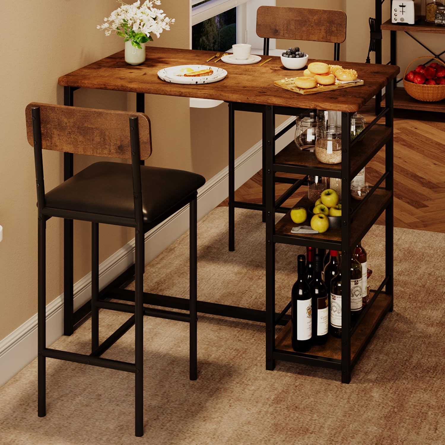IDEALHOUSE 3-Piece Retro Brown Counter Height Dining Table Set for 2 - Kitchen Bar Table with 2 Upholstered Stools - Perfect for Small Spaces, Apartments & Breakfast Nooks | Compact Kitchen Furniture for Modern Homes & Urban Living