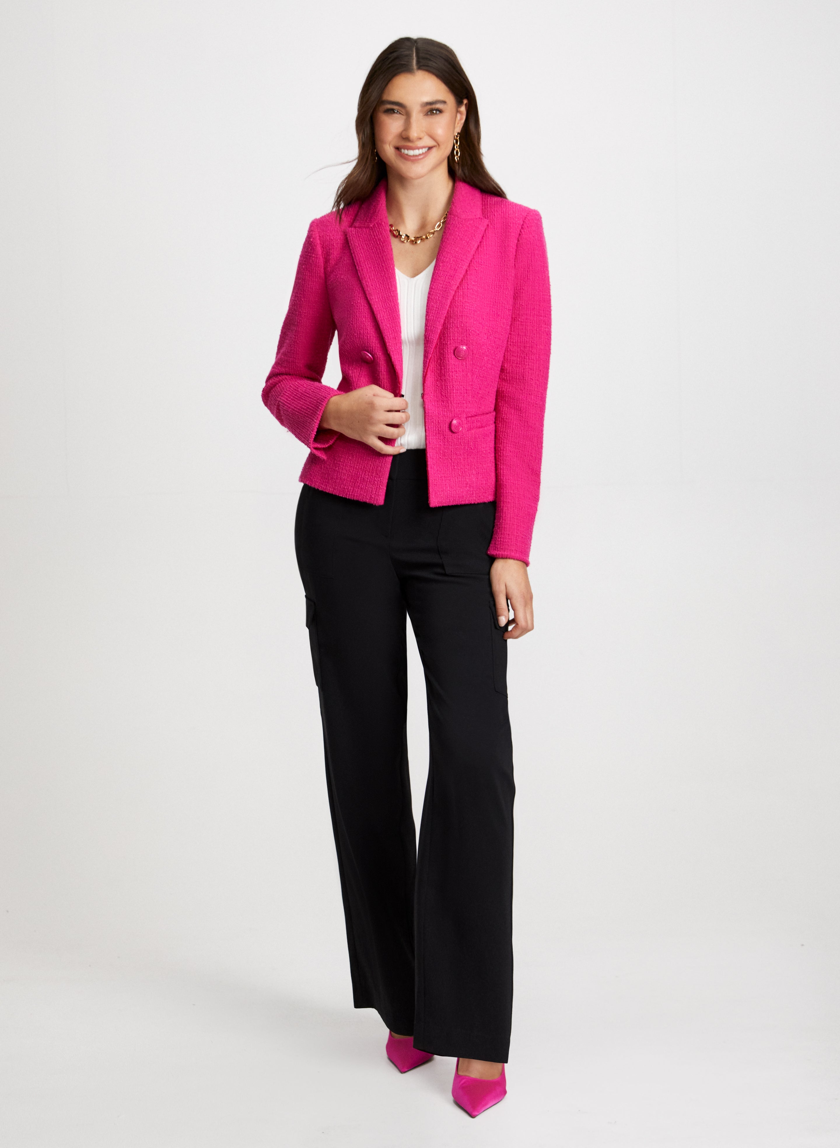 Bouclé Jacket & Cargo Pants Set - Women's Trendy Knit Coat with Utility Pants, Casual Streetwear Outfit for Fall & Winter | Perfect for Office, Date Night, and Weekend Brunch