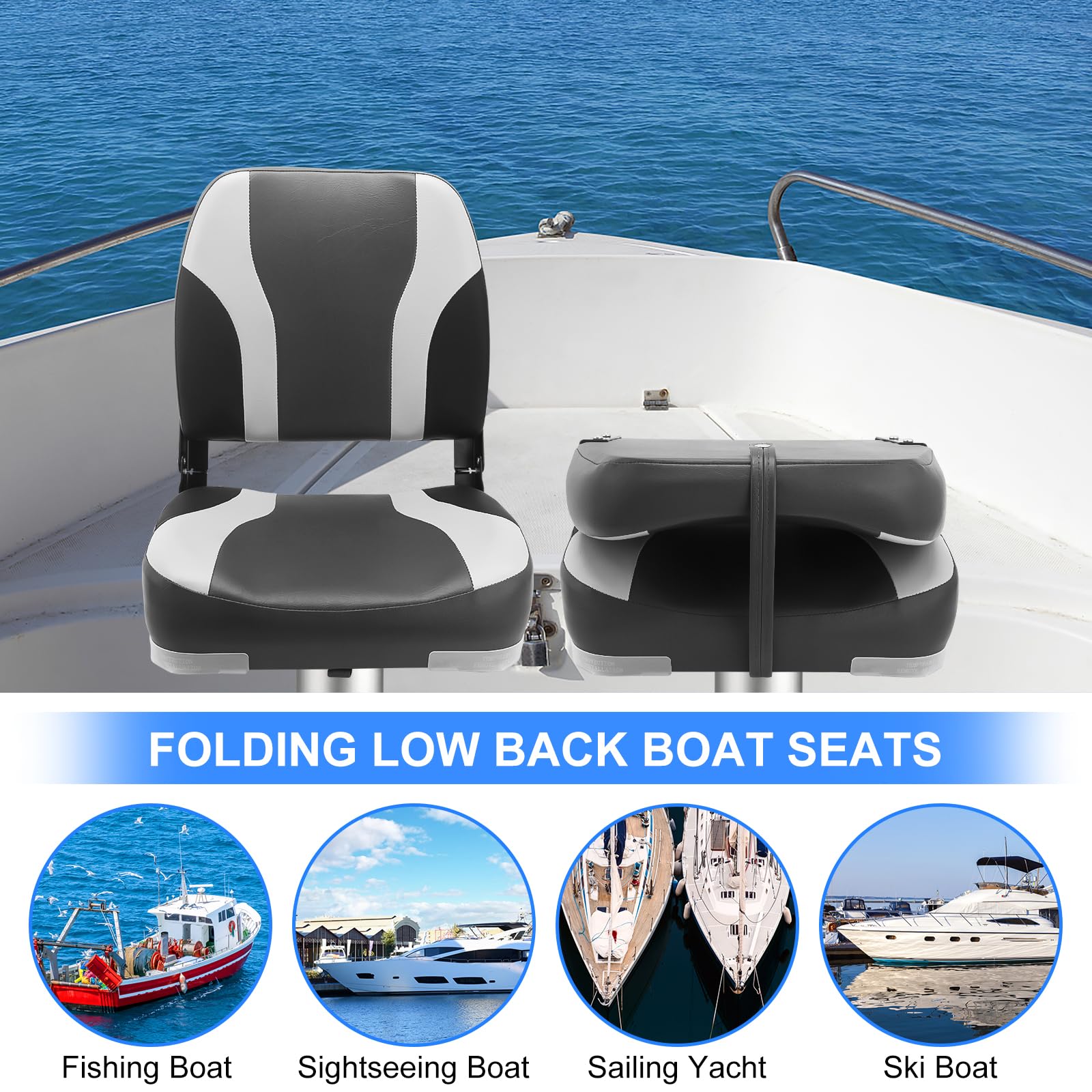 **2 Pack Waterproof Marine Low Back Folding Chairs – Lightweight, Soft & Comfortable Boat Seats for Fishing, Boating & Cabin Use (Charcoal/Light Grey/Black)**    *Perfect for fishing trips, boat cabins, camping, and outdoor relaxation!*