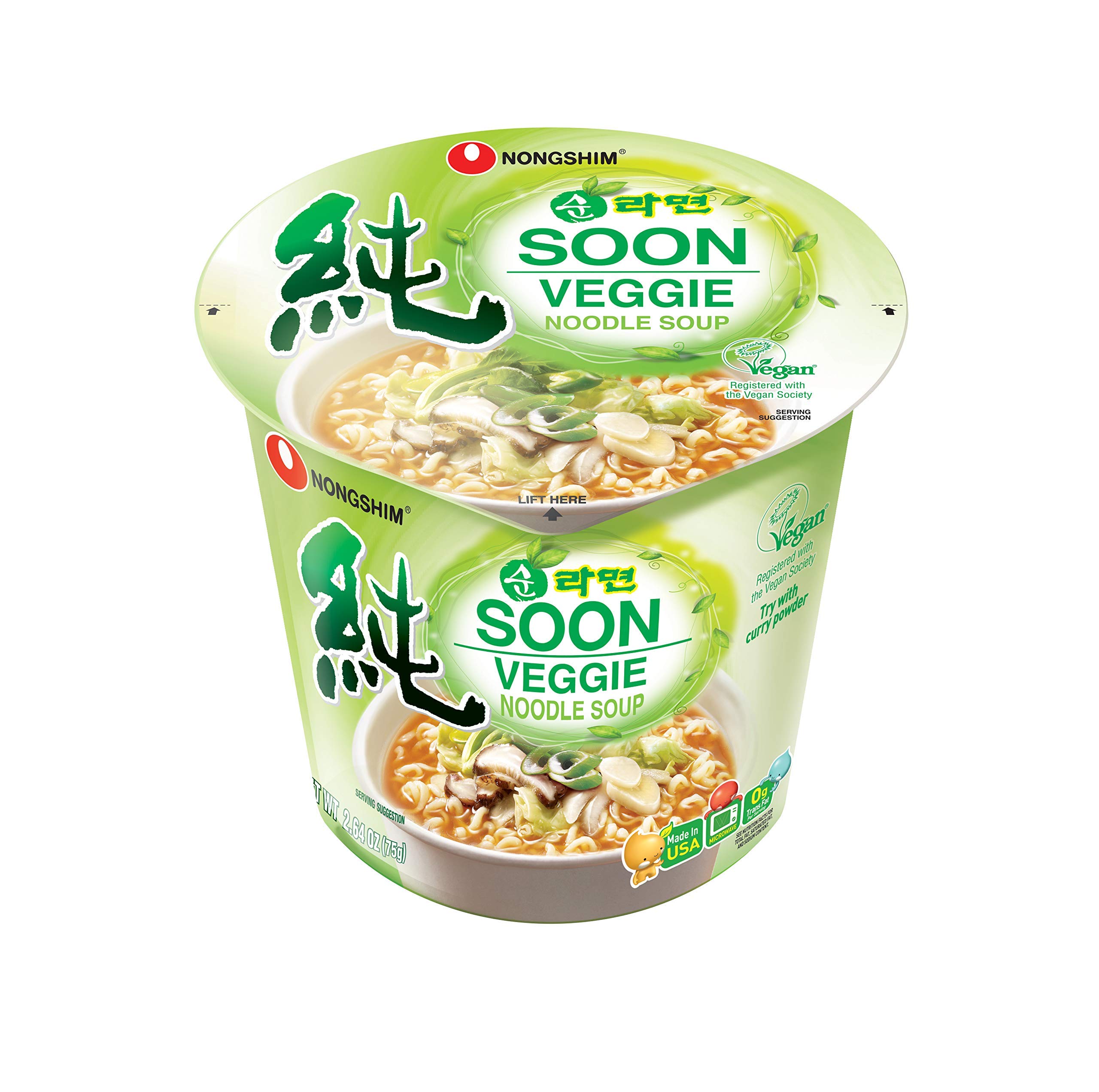 Nongshim Soon Veggie Cup Noodle Soup, 2.6oz (6-Pack) x 2 - Quick & Easy Vegan Instant Ramen for Office Lunch, College Dorm, or Emergency Food Supply