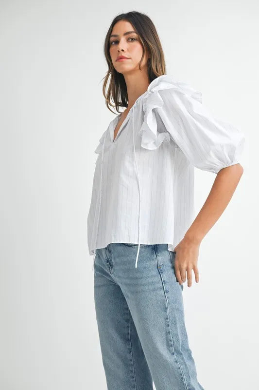 Elegant Stripe Ruffle Shoulder Puff Sleeve Blouse for Women - Trendy Office & Party Wear - Perfect for Work, Date Night & Special Occasions