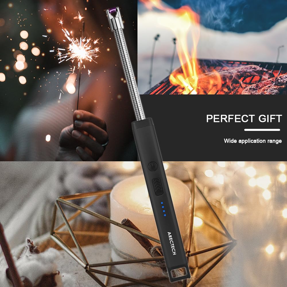 ARECTECH USB Rechargeable Electric Arc Lighter - Windproof Flameless Candle Lighter for Home, Camping & Gifts - LED Light for Men & Women (Black) | Perfect for Candles, Fireworks, Christmas, Birthday & Outdoor Adventures