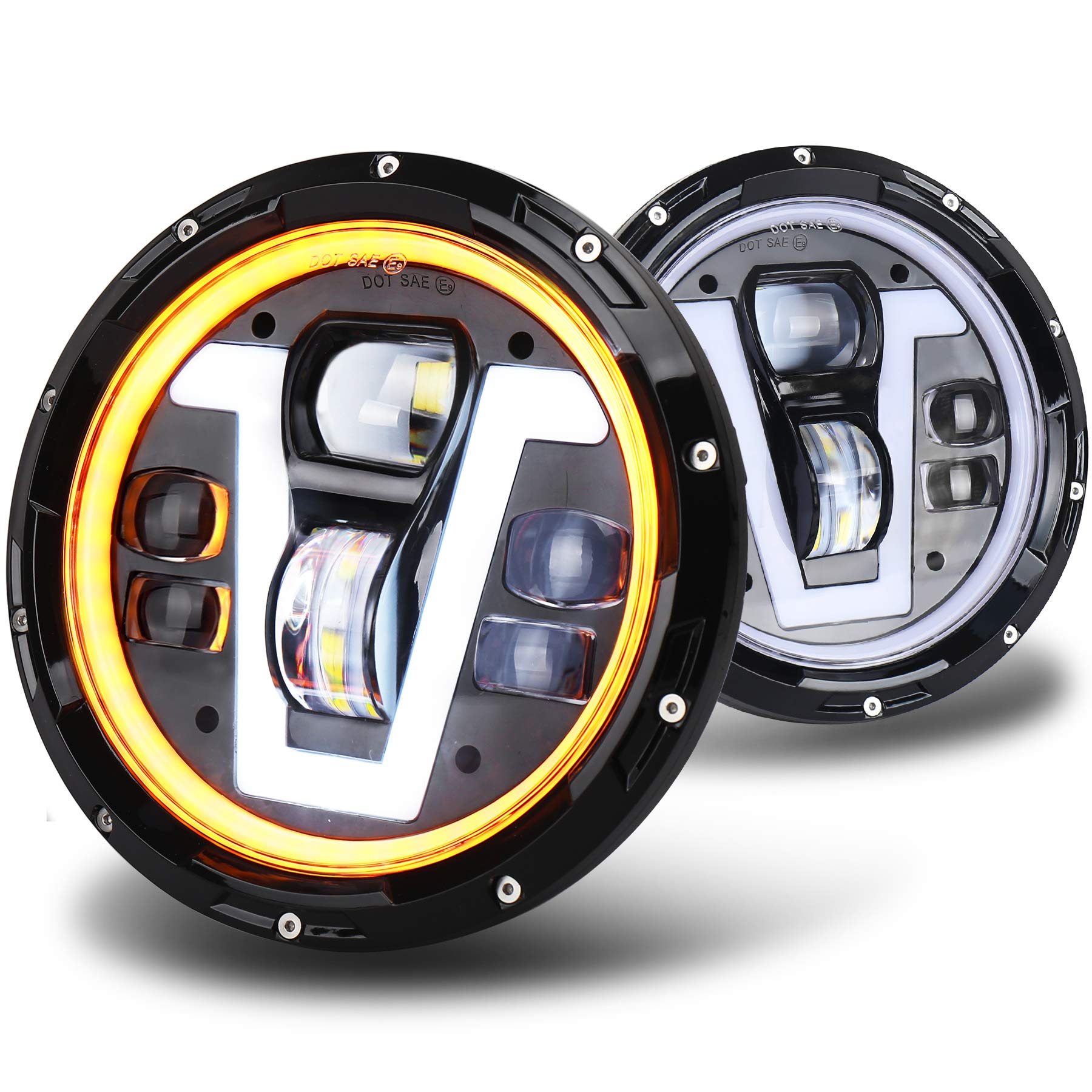 OVOTOR 7 Inch LED Headlights for Jeep Wrangler JK JKU TJ LJ CJ & Hummer H1 H2 - V-Shape White DRL with Amber Halo Turn Signal - Waterproof Off-Road Headlights for Night Driving & Adventure