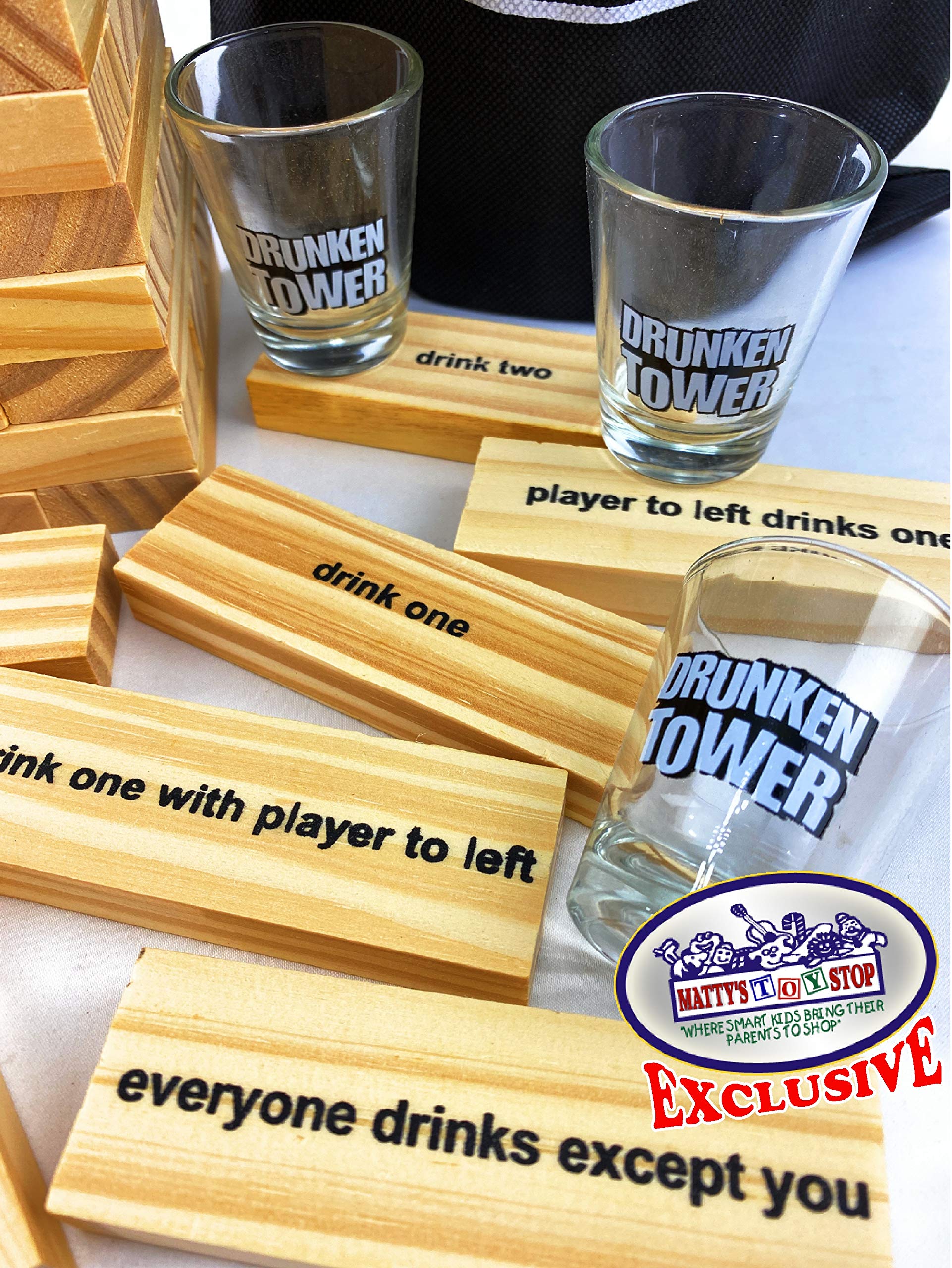 Matty's Toy Stop Deluxe 60-Piece XL Wooden Drunken Tower Game Set with Shot Glasses & Storage Bag - Fun Adult Drinking Party Game for Bars, Game Nights & Social Gatherings