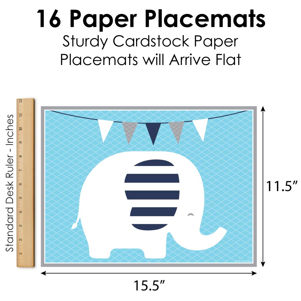 Big Dot of Happiness Blue Elephant Party Table Decorations - 16-Pack Baby Shower & Birthday Party Placemats for Boys - Perfect for Nursery Decor & Kids' Birthday Celebrations