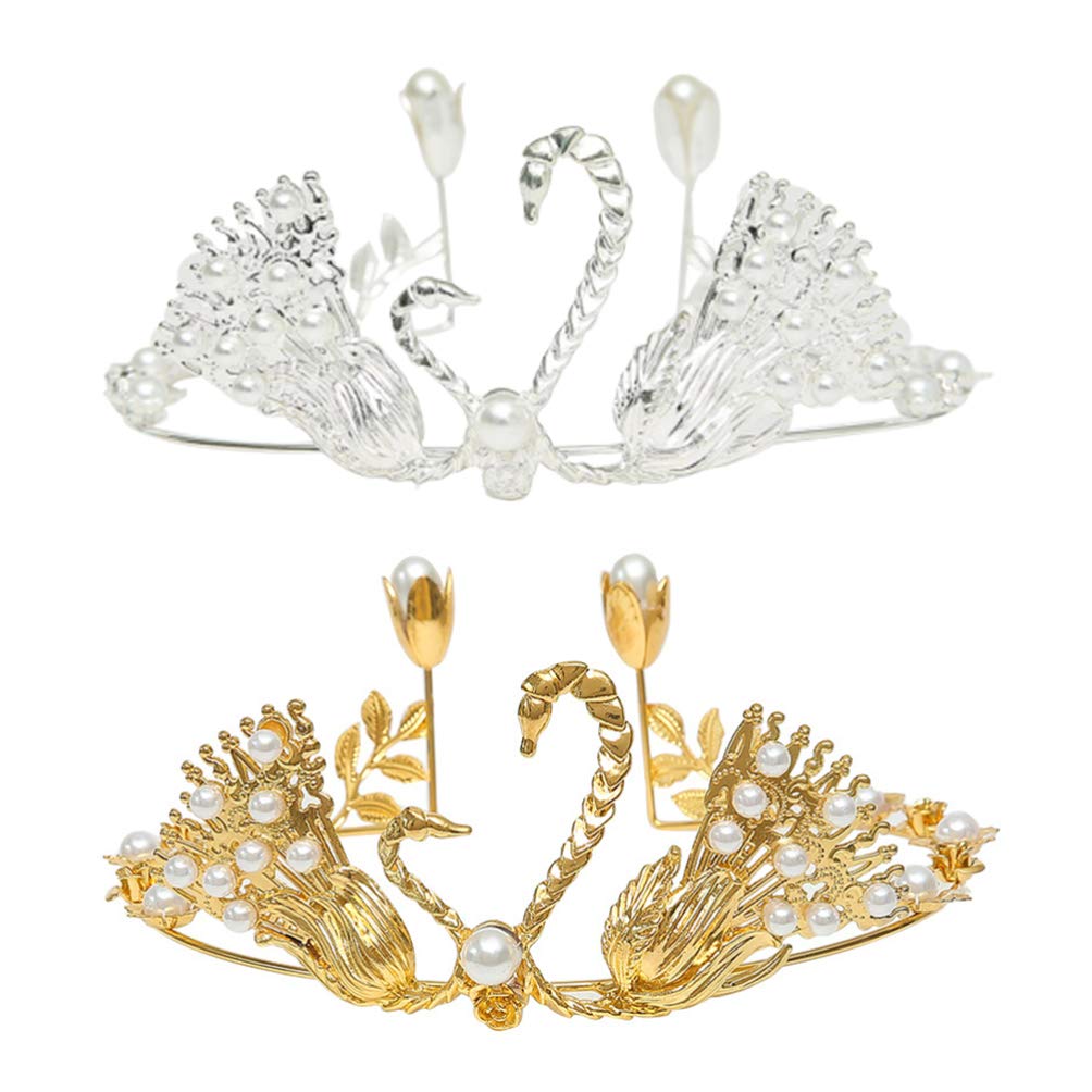 2PCS Rhinestone Tiara Swan Cupcake Toppers - Crystal Wedding Cake Decorations for Engagement, Anniversary & Birthday Parties - Elegant Pearl & Gold Trim Bride Princess Accessories (Perfect for Wedding Cakes, Bridal Showers, Birthday Celebrations & Special Events)