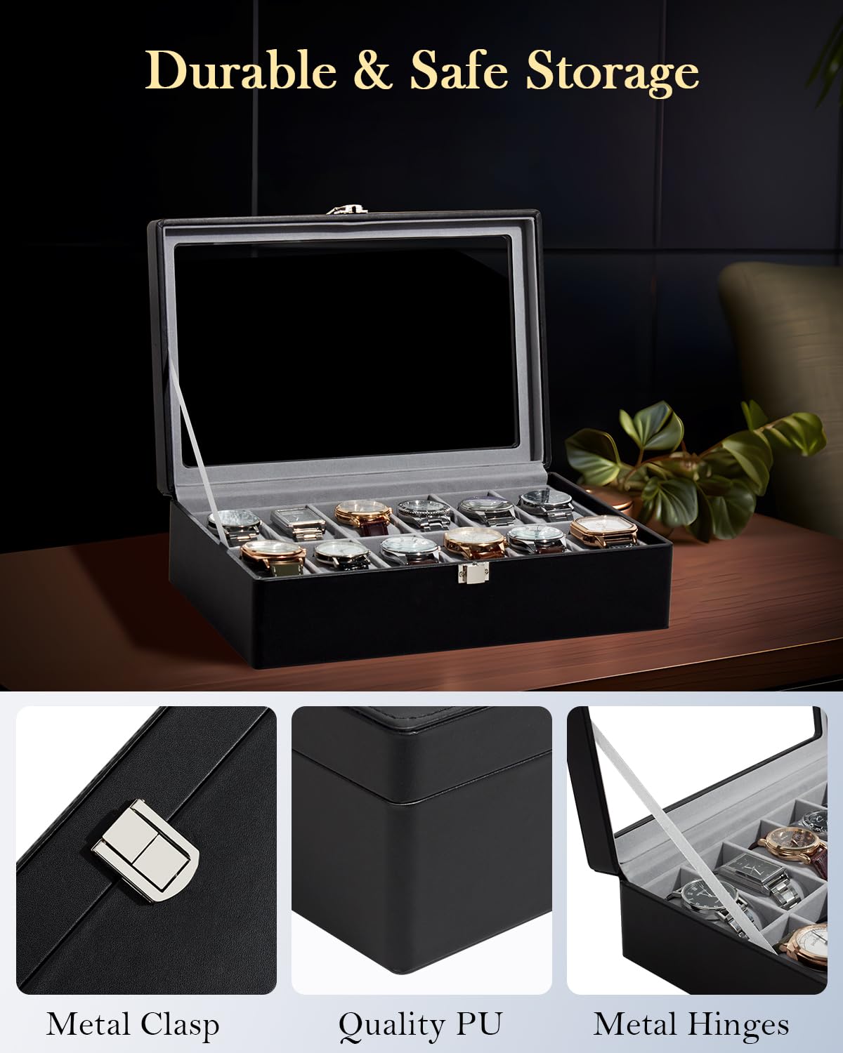 GUKA 12 Slot Watch Box with Large Real Glass Lid - Premium Black Synthetic Leather Watch Organizer with Removable Pillows | Perfect for Watch Collection Display, Storage & Travel