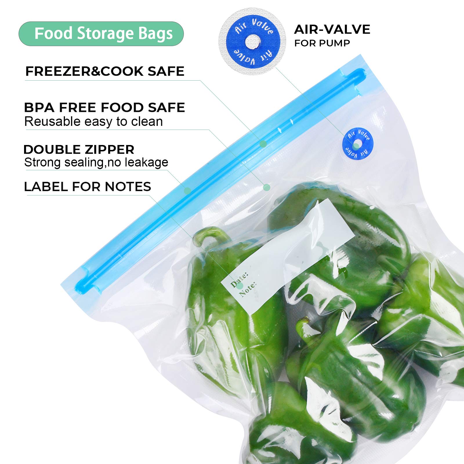 Reusable Sous Vide Bags 27Pcs - BPA Free Vacuum Sealer Bags for Food Storage, Cooking & Meal Prep - Includes 20 Vacuum Bags, 5 Air Valves & 2 Seal Clips (13.5x10 in, 4.3L) - Perfect for Sous Vide Cooking, Freezing, Marinating & Preserving Freshness
