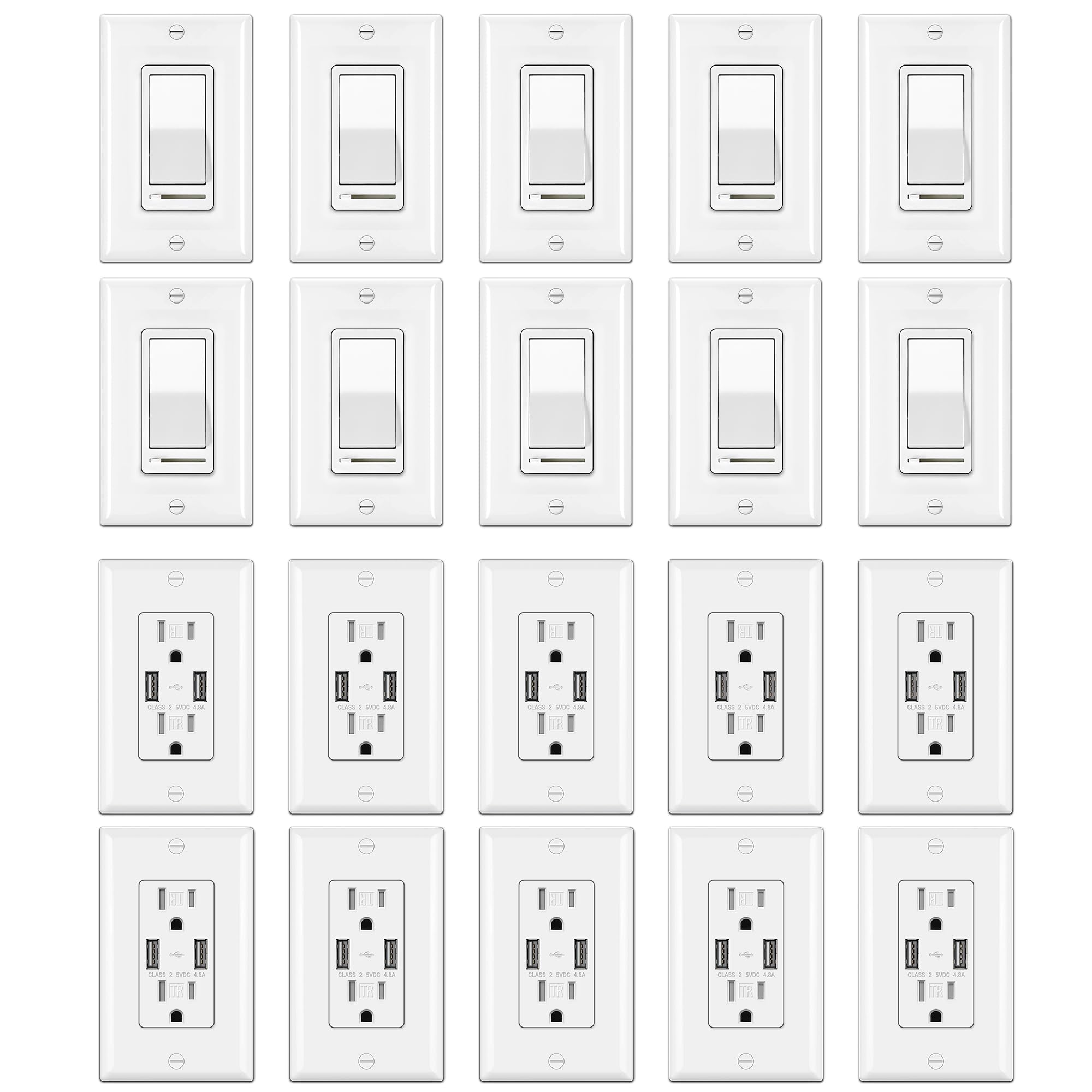 BESTTEN 10 Pack Dimmer Light Switch & 15 Amp 4.8A USB Outlet Combo - UL Listed White Wall Plate for Smartphones, Tablets & USB Devices - Perfect for Home, Office & Bedroom Lighting Control & Charging Stations