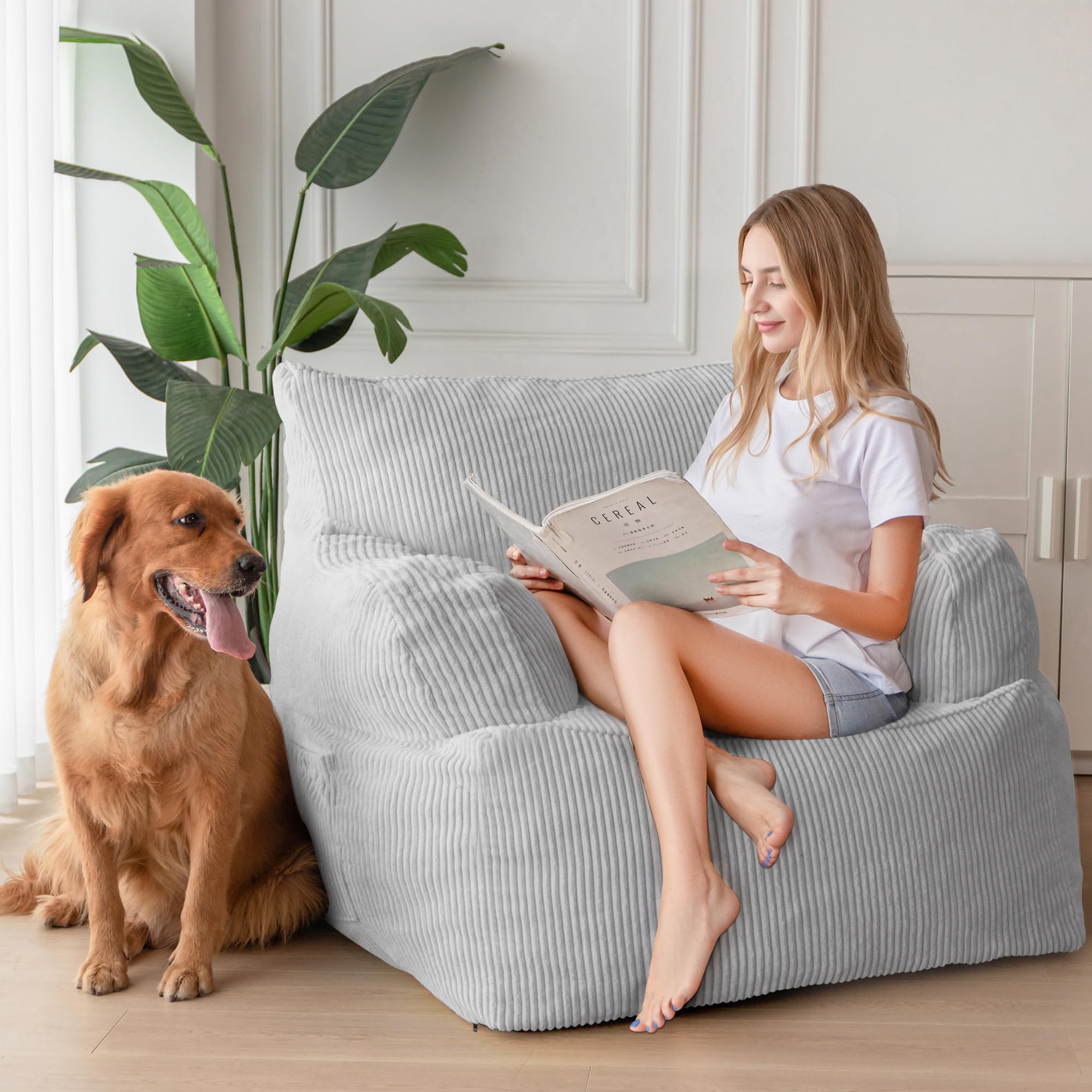 MAXYOYO Giant Bean Bag Chair - Oversized Stuffed Bean Bag Couch for Living Room, Bedroom & Game Room - Ultra Soft Grey Memory Foam Lounger - Perfect for Relaxing, Gaming & Movie Nights