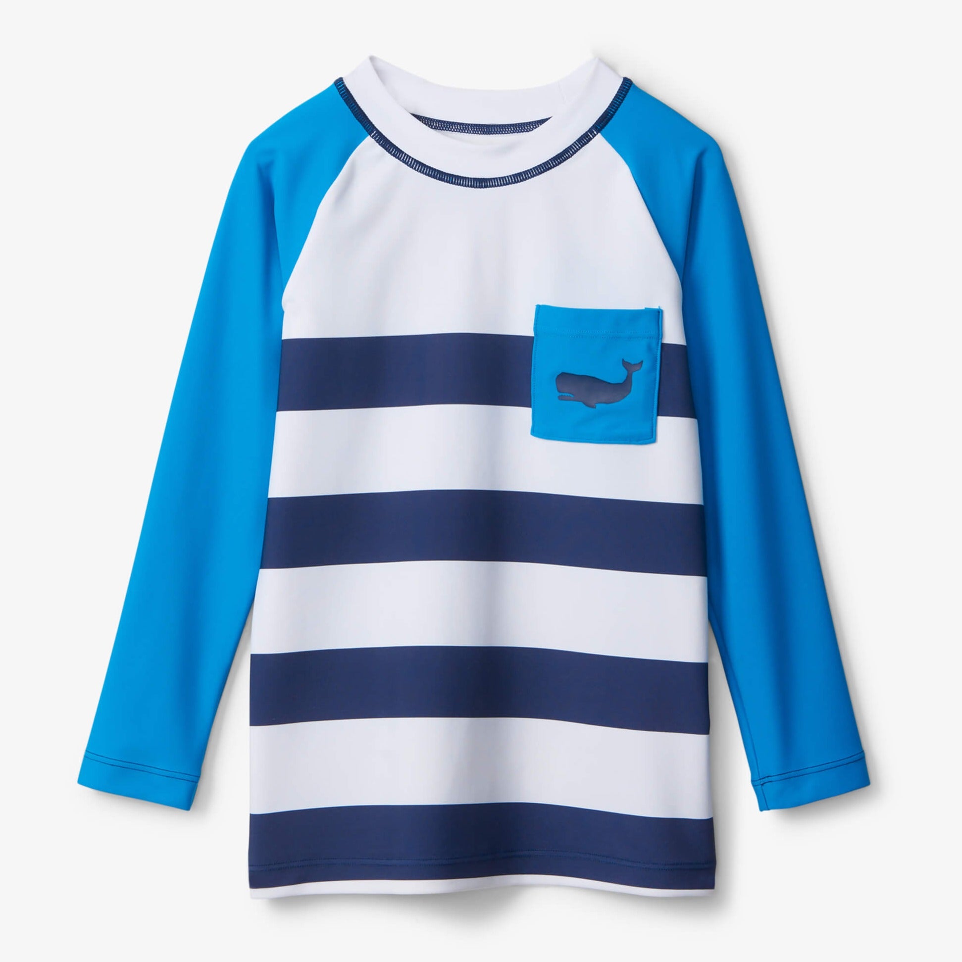Hatley Whale Stripes Long Sleeve Rash Guard with Pocket - UPF 50+ Sun Protection for Swimming, Surfing & Beach Activities