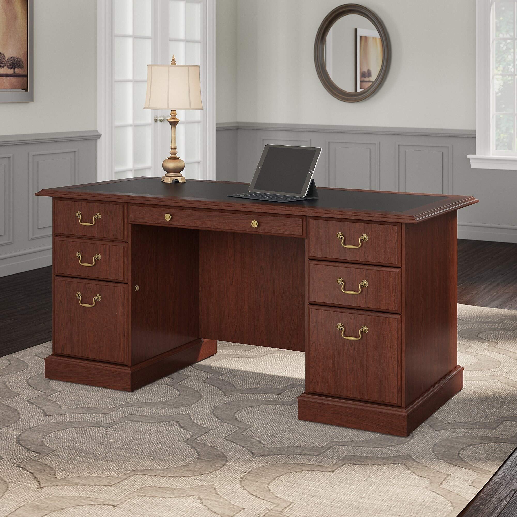 Harvest Cherry & Black Red Traditional Rectangular MDF Desk - Home Office, Study Room, or Workspace Furniture for Modern Interiors