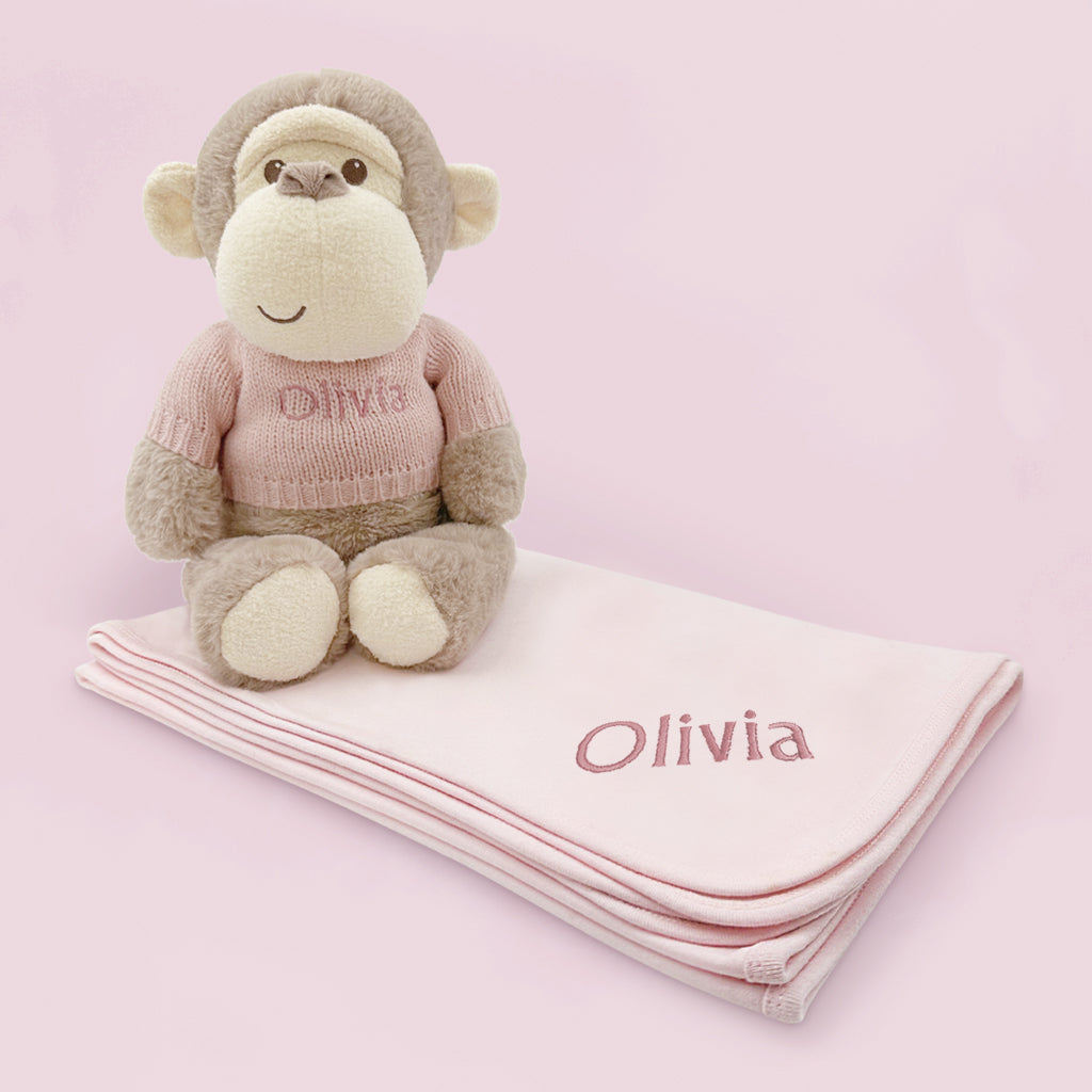 Personalized Morris Monkey Plush Stuffed Animal with Cozy Snuggle Wrap - Pink Cuddly Toy for Babies, Kids & Nursery Decor | Perfect Gift for Birthdays, Baby Showers & Christmas