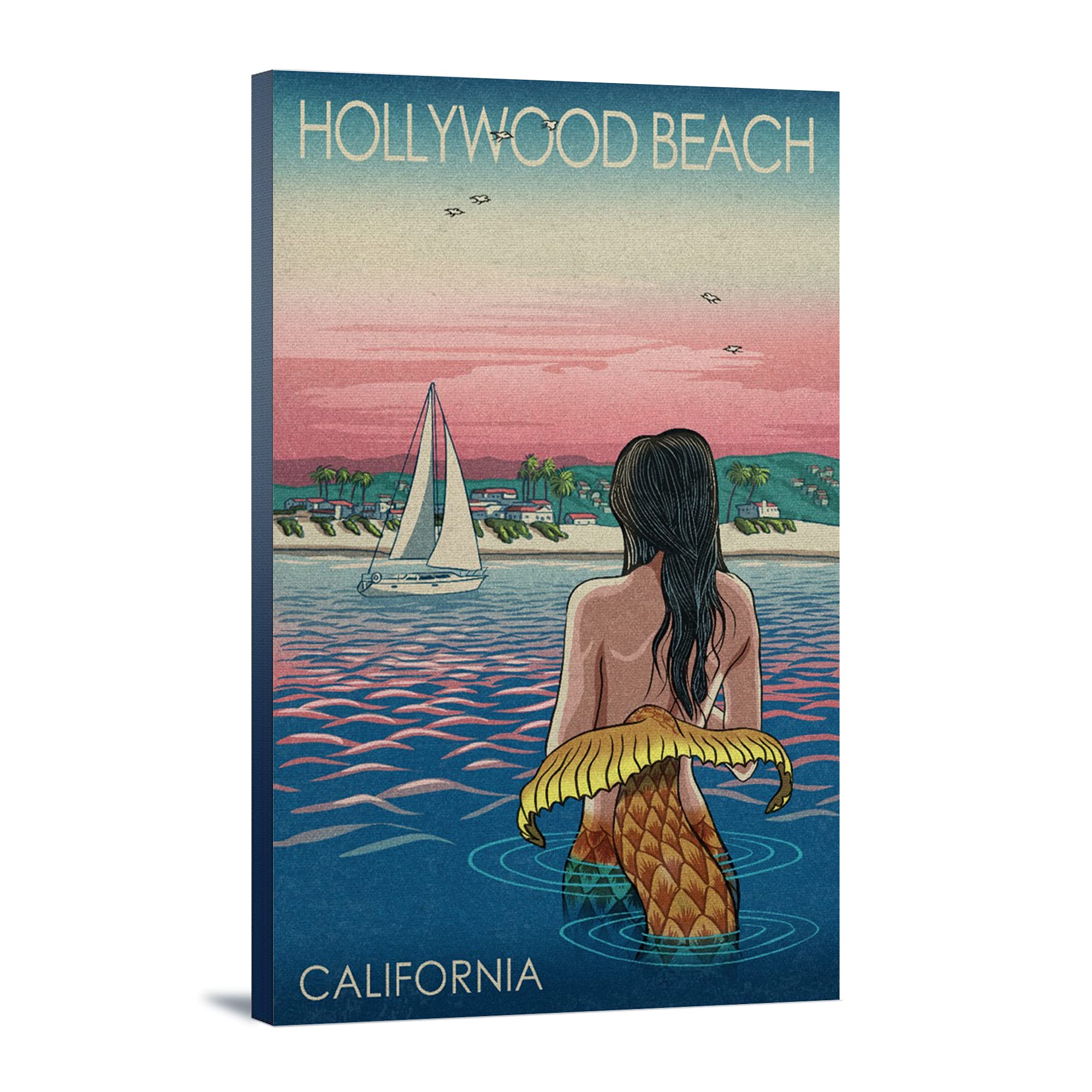 Mermaid and Beach Art Print - 24x36 Gallery Wrapped Canvas Wall Decor for Living Room, Bedroom - Hollywood Beach California Coastal Theme - Perfect for Beach House, Vacation Home & Coastal Decor