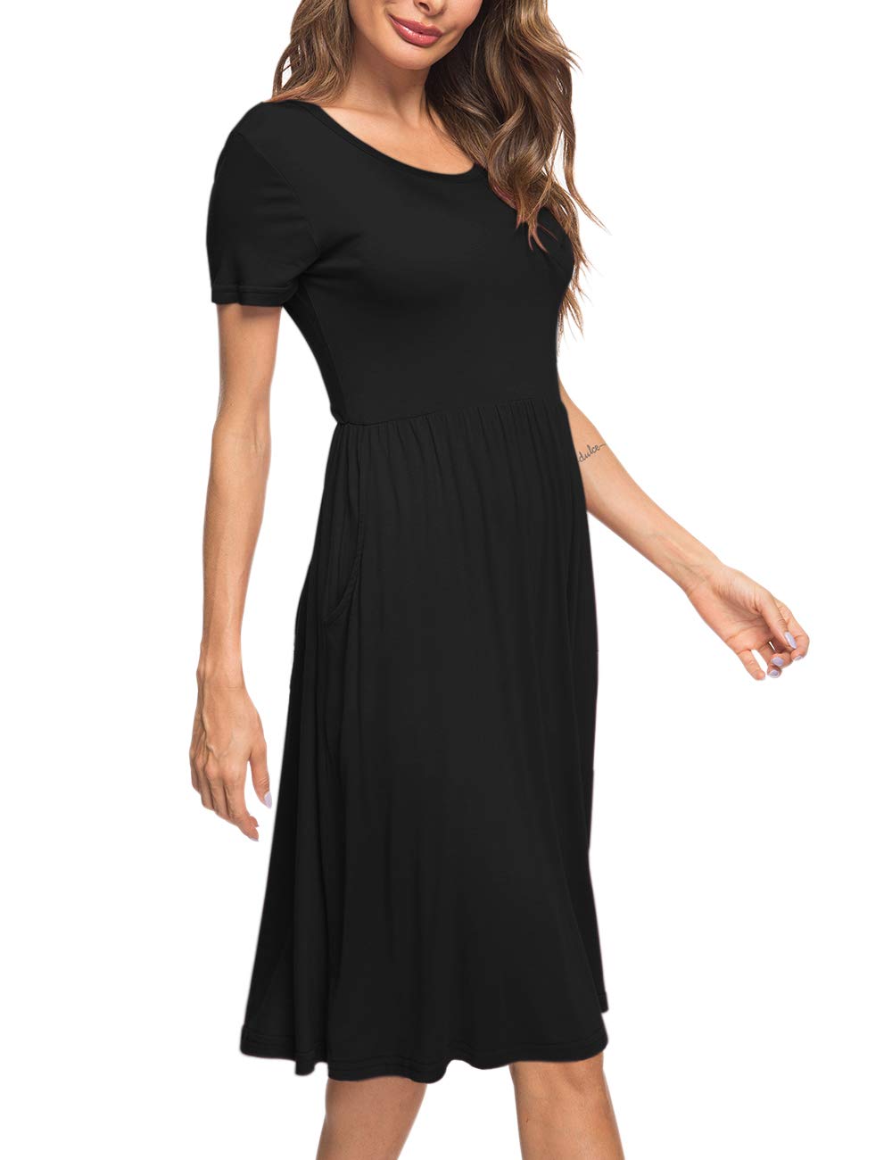 AUSELILY Women's Summer Short Sleeve Empire Waist Pleated Swing Dress - Knee Length Loose Fit with Pockets | Casual Wear, Beach Cover Up, Vacation Outfit 2025 New