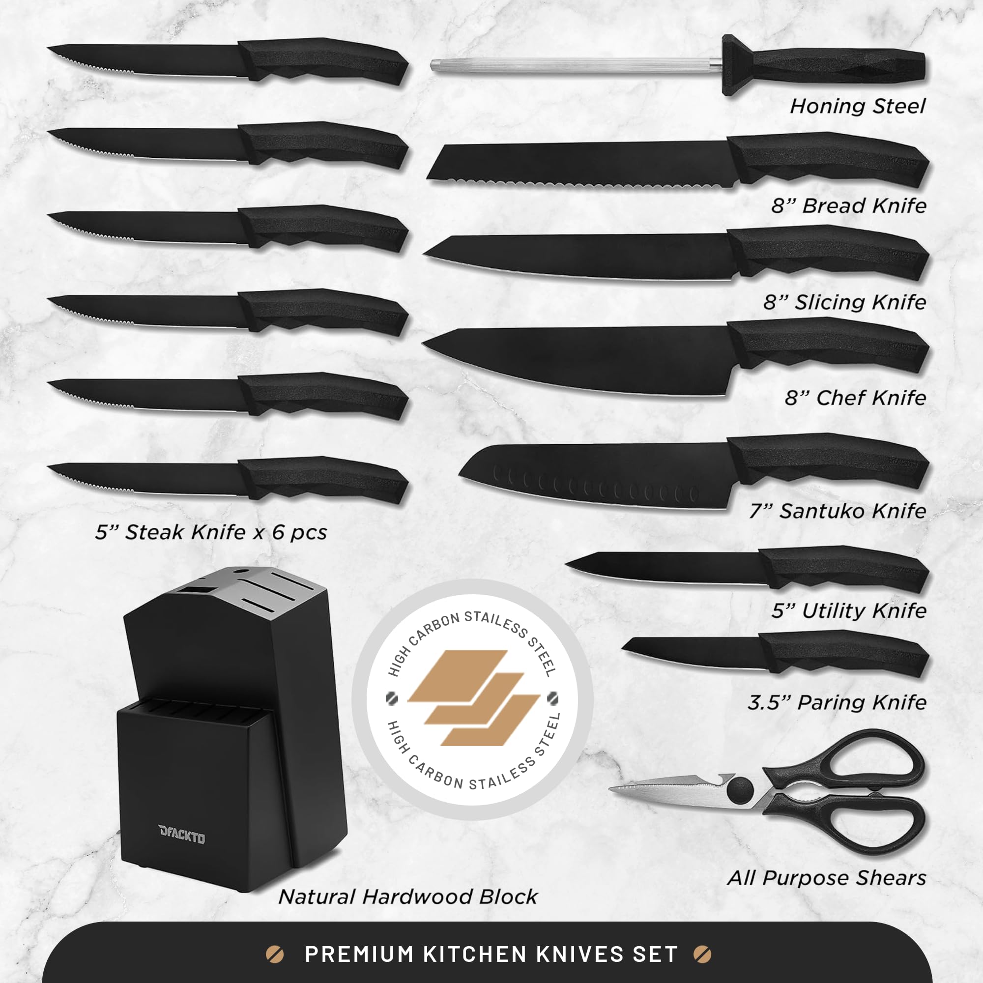 15-Piece Professional Chef Knife Set with Sharpener - High-Carbon Stainless Steel Kitchen Knives, Full-Tang Ergonomic Handles, Includes Chef, Slicing, Utility, Steak Knives & Kitchen Shears, Black Matte Wood Block - Perfect for Home Cooking, Restaurant Use & Gift Giving