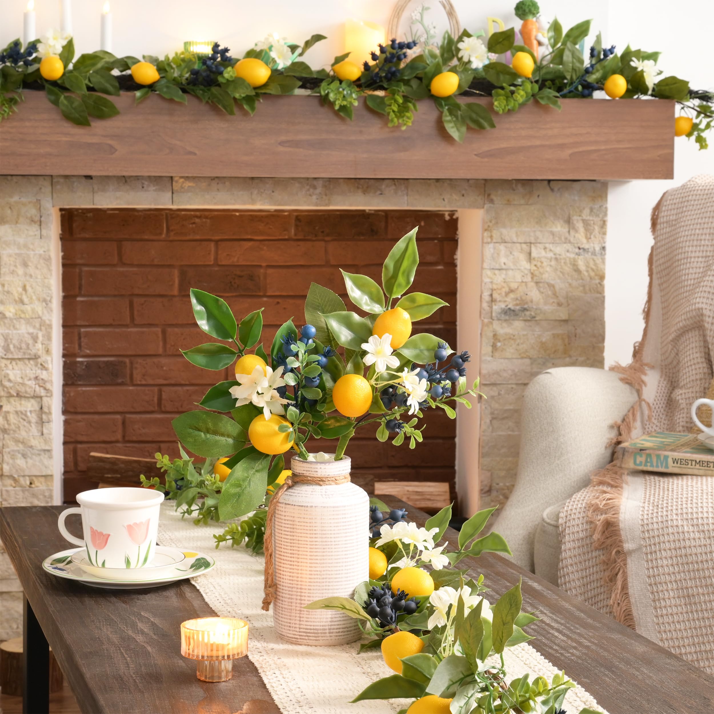 Valery Madelyn Spring Lemon Wreath Garland & Spring Picks Bundles - Floral Decor for Easter, Spring Home Decor, Front Door Wreath & Table Centerpiece