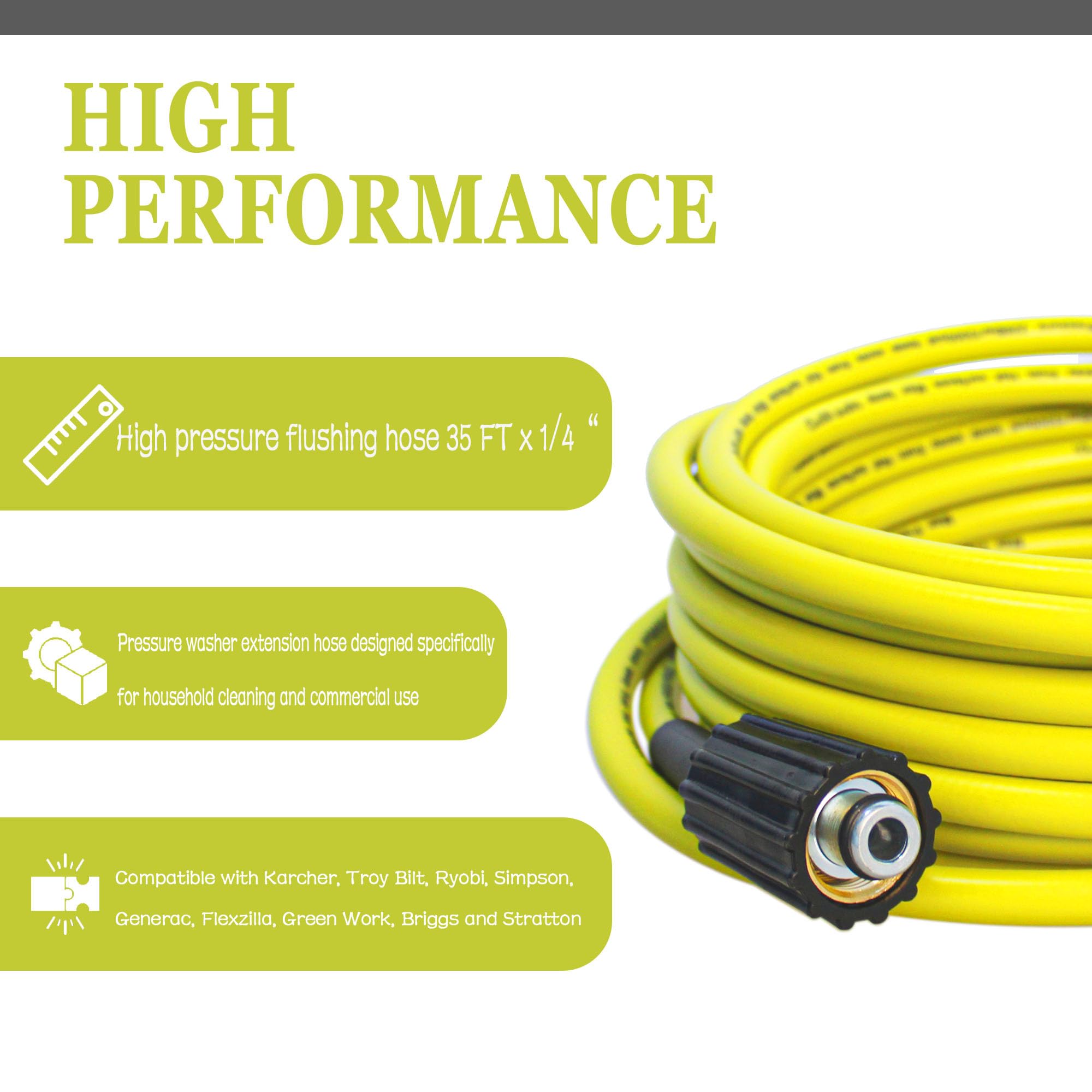 RY31HPH01 35FT Flexible Electric Pressure Washer Hose - 3300 PSI Kink Resistant Replacement for Ryobi Power Washer, 1/4