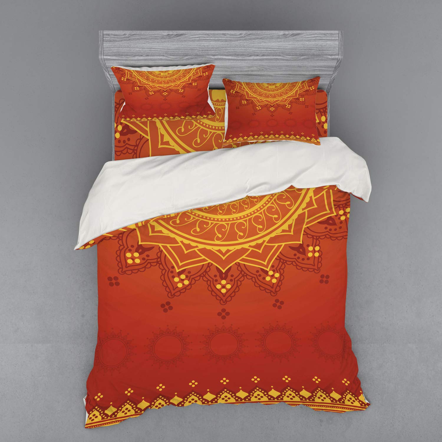Ambesonne Lotus Boho Bedding Set - 4 Piece Queen Size Duvet Cover with Shams & Fitted Sheet, Moroccan Traditional Design in Marigold Orange - Perfect for Bohemian Bedroom Decor & Guest Room Styling