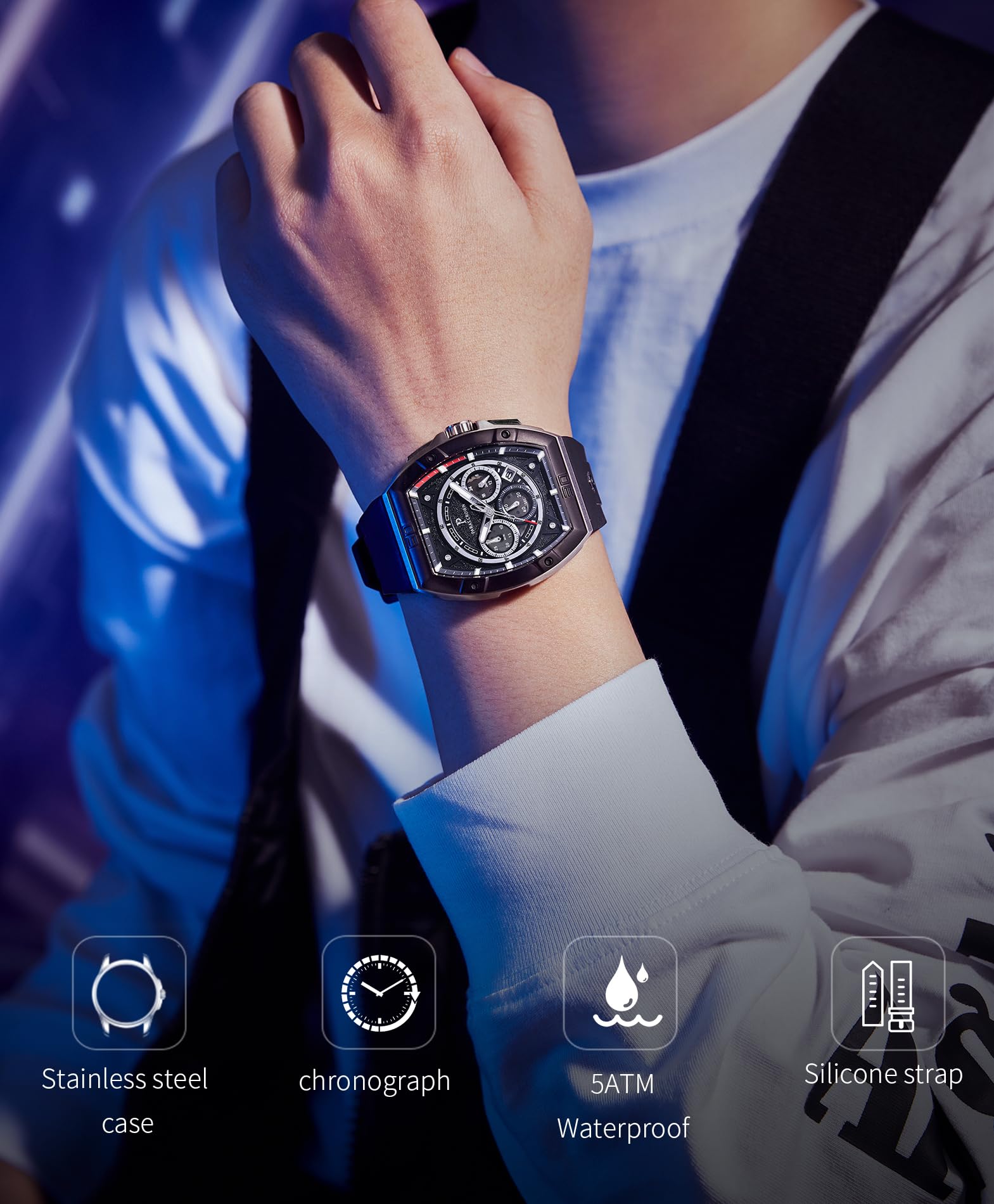 Luxury Tonneau Men's Watch with Japanese Quartz Movement - Waterproof Sports Watch for Men - Perfect Gift for Him - Ideal for Business, Casual & Outdoor Activities