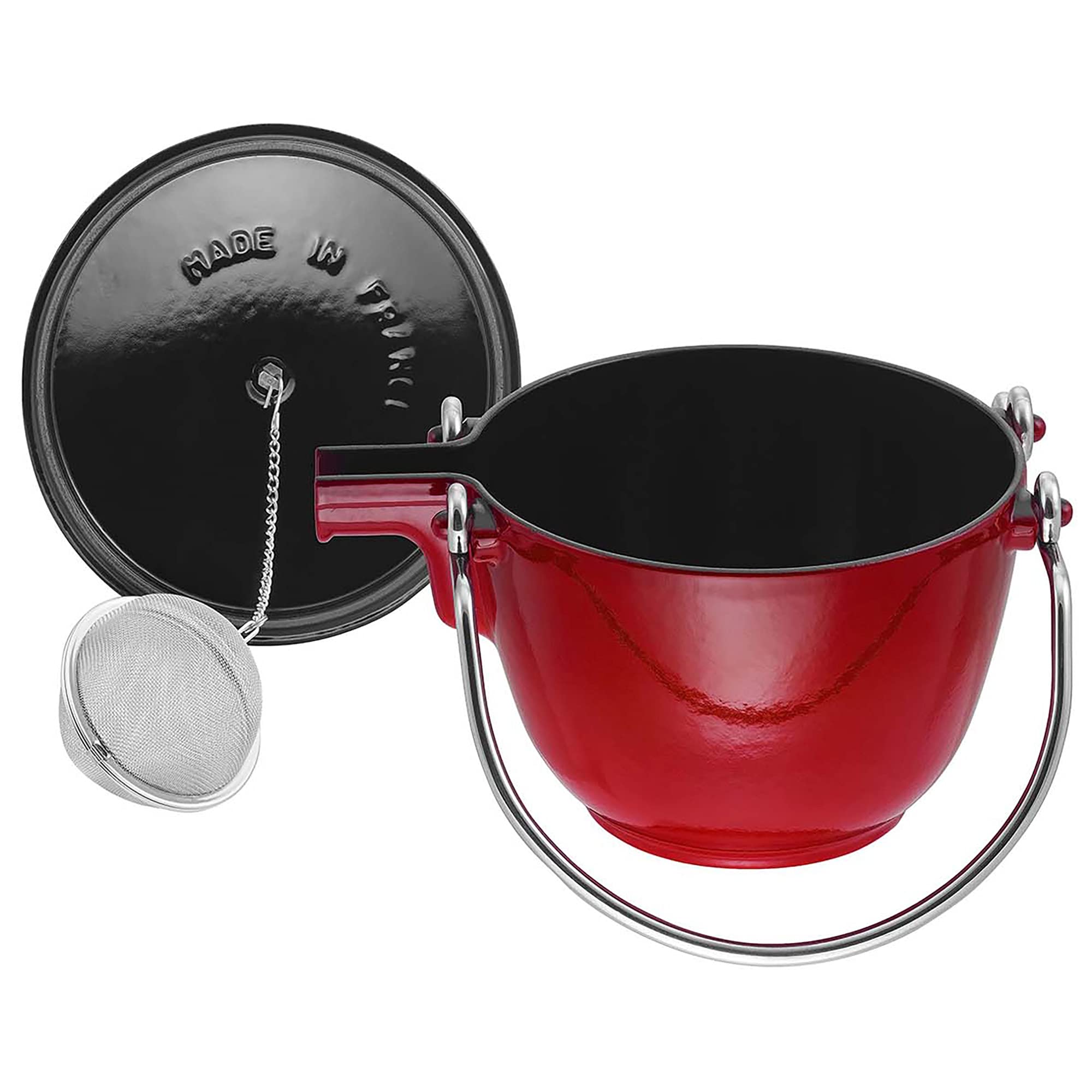 Staub 1-Quart Cast Iron Round Tea Kettle - Cherry Red, French-Made Enameled Teapot for Stovetop & Tea Brewing | Perfect for Home, Office & Gift Giving