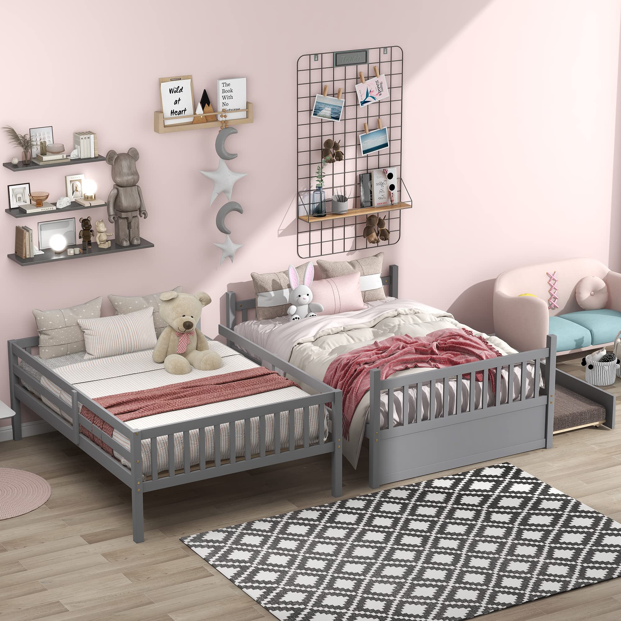 Rophefx Full Over Full Bunk Bed with Trundle - Convertible Wooden Bunk Beds for Kids, Teens & Adults - Sturdy Frame with Safety Rails & Ladder - Space-Saving Grey Bunkbed for Small Rooms, Guest Rooms & Vacation Homes