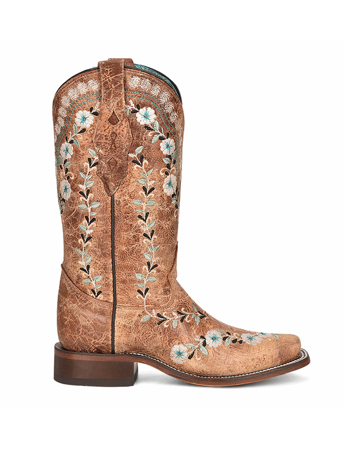 Corral A4398 Women's Floral Embroidery Western Boots - Distressed Cognac Square Toe Cowgirl Boots for Rodeo, Country Dancing & Western Fashion