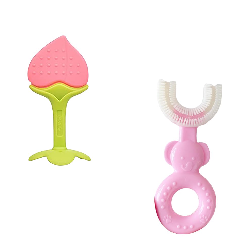 Kritiu Baby Teether and U-Shape Toothbrush Set - BPA-Free Silicone Teether & Infant Toothbrush for 0-12 Months - Safe Teething Relief & Oral Care for Newborns (Peach & Pink) | Perfect for Soothing Sore Gums & Early Dental Hygiene