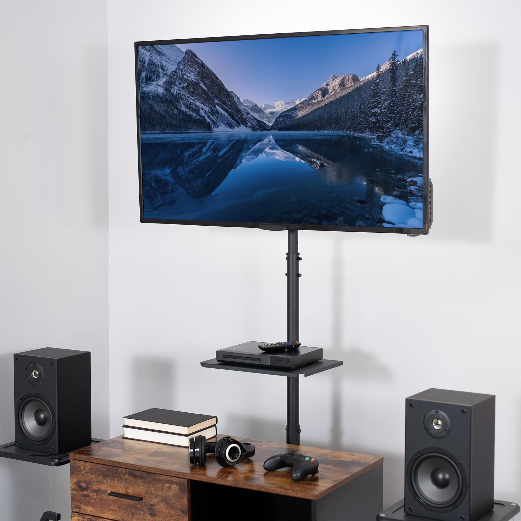 VIVO Extra Tall TV Floor Stand with Shelf for 13 to 50 inch Screens - Universal Mount for LED, OLED, 4K Smart Flat & Curved Monitors - 70 inch Tall Pole - Max VESA 200x200 - Perfect for Treadmills, Ellipticals & Home Gym Setup - Black (STAND-TV17-S)