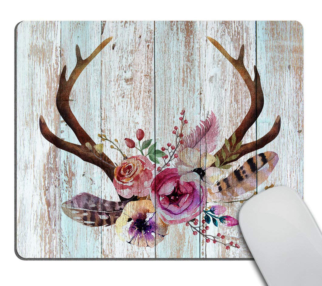 Farmhouse Wooden Mouse Pad with Antlers & Flowers - Boho Style Office Desk Mat for Teachers, Friends & Coworkers - Perfect for Home Office, Workstation & Gifts