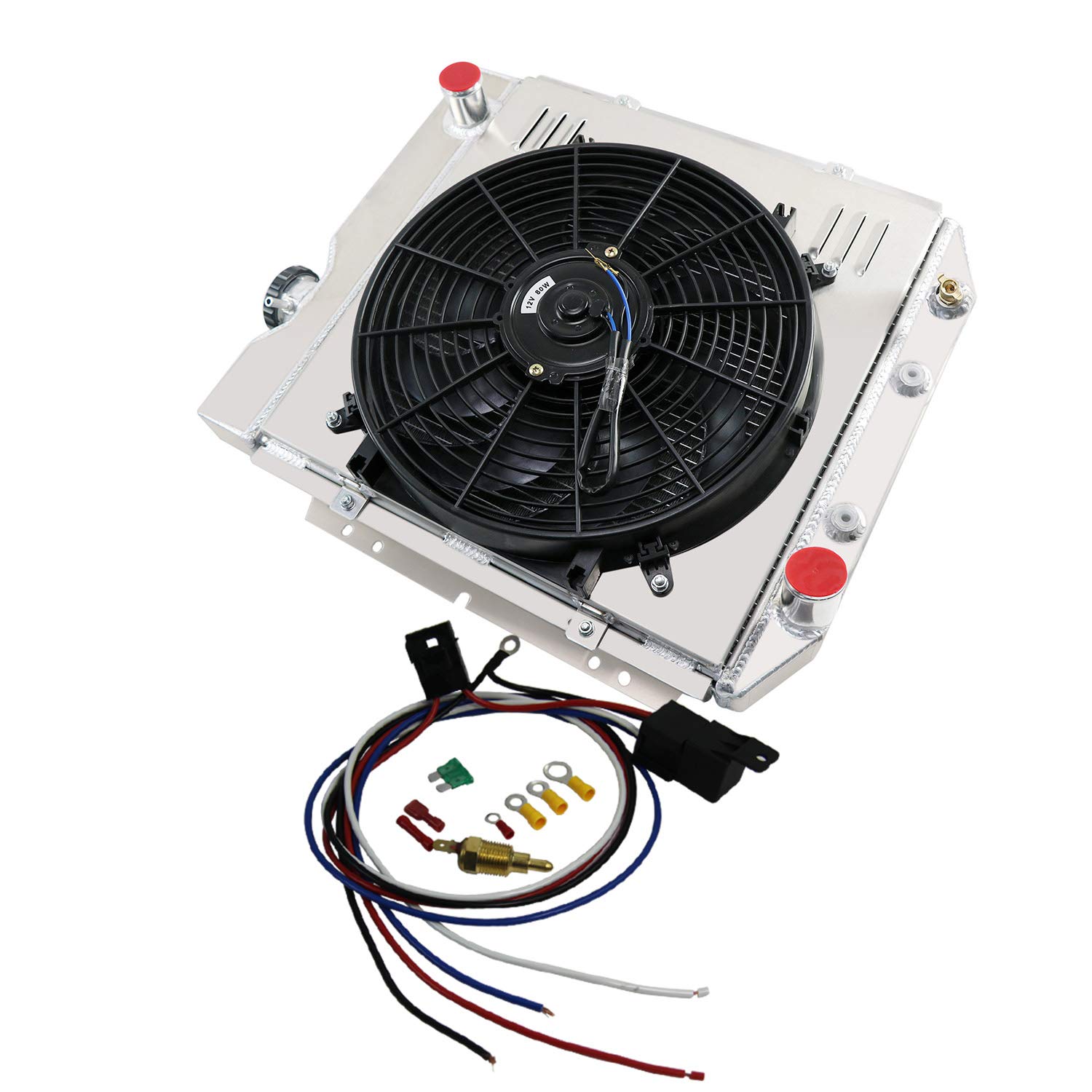 ECMRAD 3 Row Aluminum Radiator for 1965-1966 Ford Mustang, Comet, Falcon - Fits 302, 351, 390, 428, 429 V8 Engine Swap - Includes Shroud, Fans & Relay Kit - High Performance Cooling for Classic Car Restoration & Hot Rod Upgrades