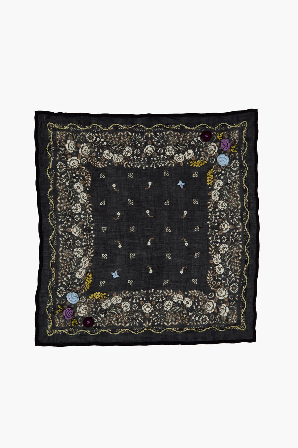 Embroidered Floral Bandana Scarf - Jet Black Cotton Fashion Accessory for Women & Men - Perfect for Outdoor Activities, Concerts, and Everyday Style