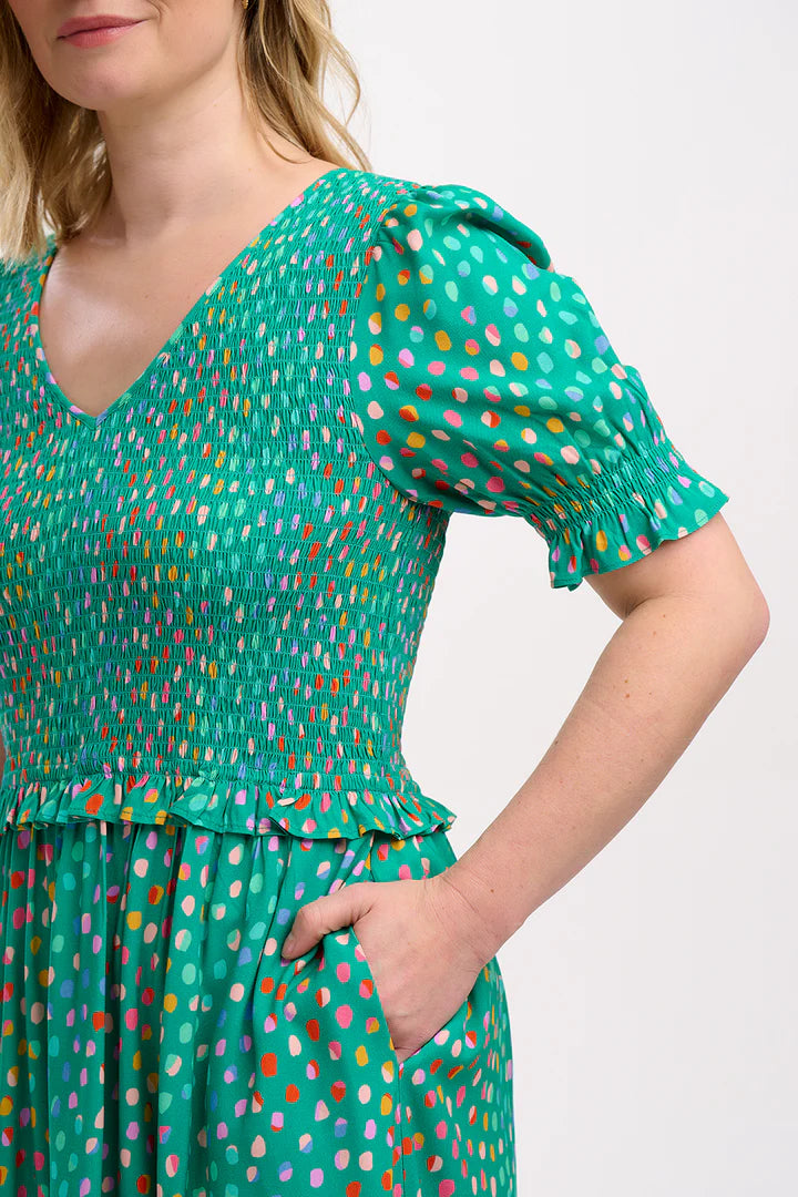 Bettina Shirred Midi Dress - Green Rainbow Pebbles Print Flowy Summer Dress for Women | Perfect for Beach Vacations, Date Nights & Casual Outings